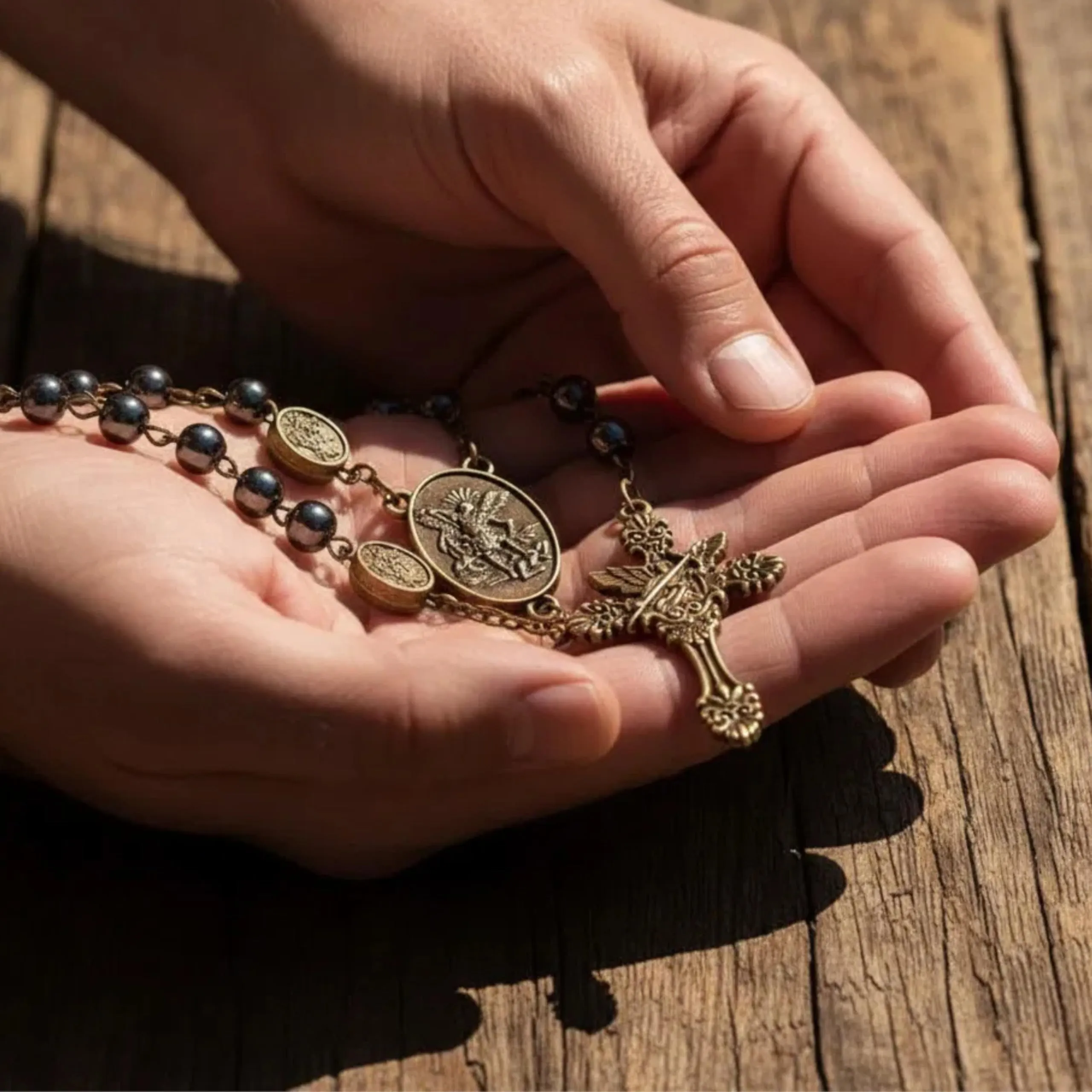 Nazareth Store St. Michael Rosario Necklace, Hematite Stone Beads, Bronze Medal and Cross with Metal Gift Box - immagine 4