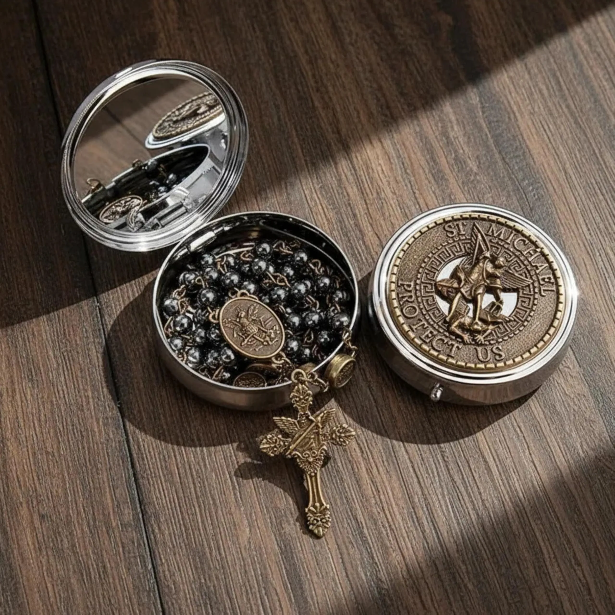 Nazareth Store St. Michael Rosario Necklace, Hematite Stone Beads, Bronze Medal and Cross with Metal Gift Box - immagine 6