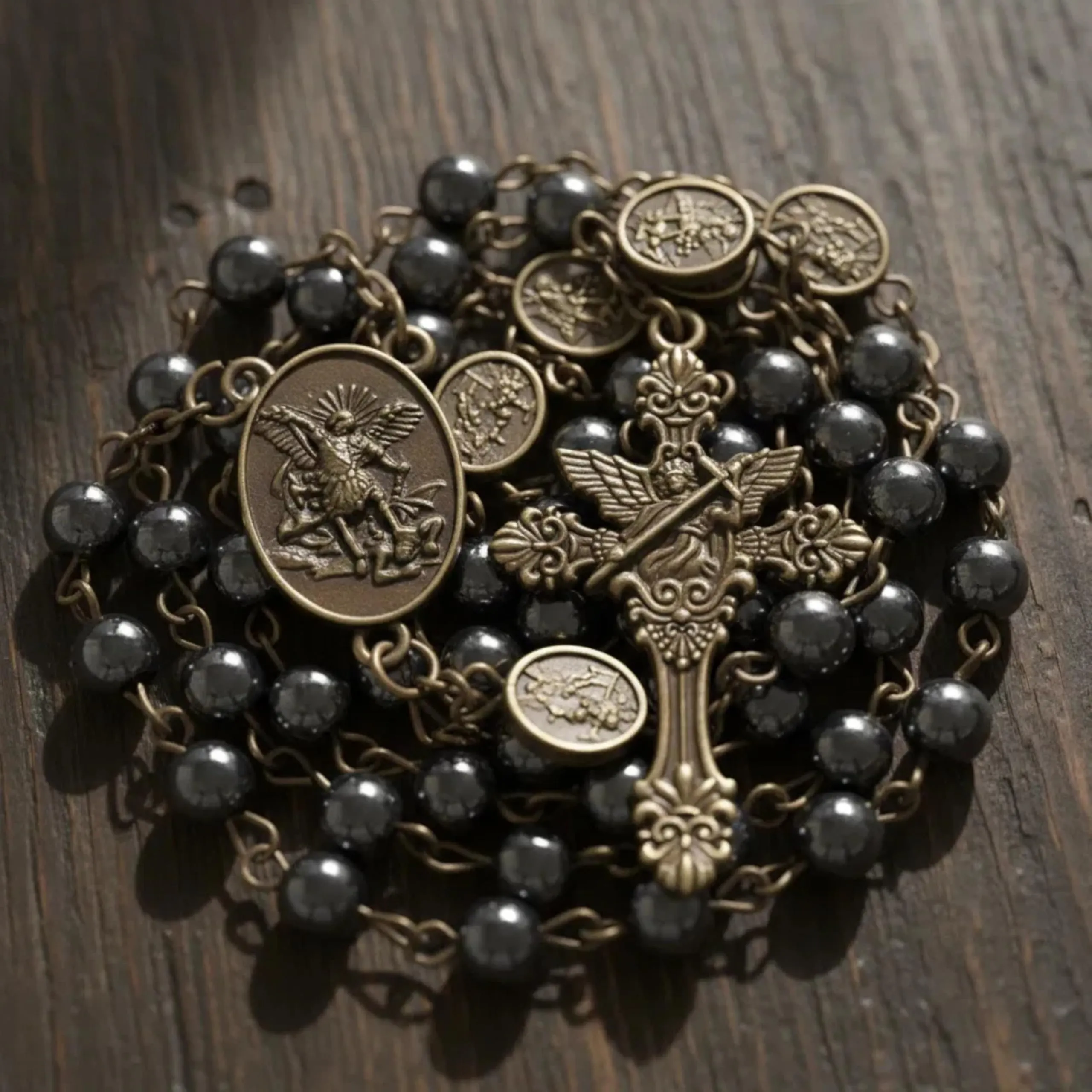 Nazareth Store St. Michael Rosario Necklace, Hematite Stone Beads, Bronze Medal and Cross with Metal Gift Box - immagine 8