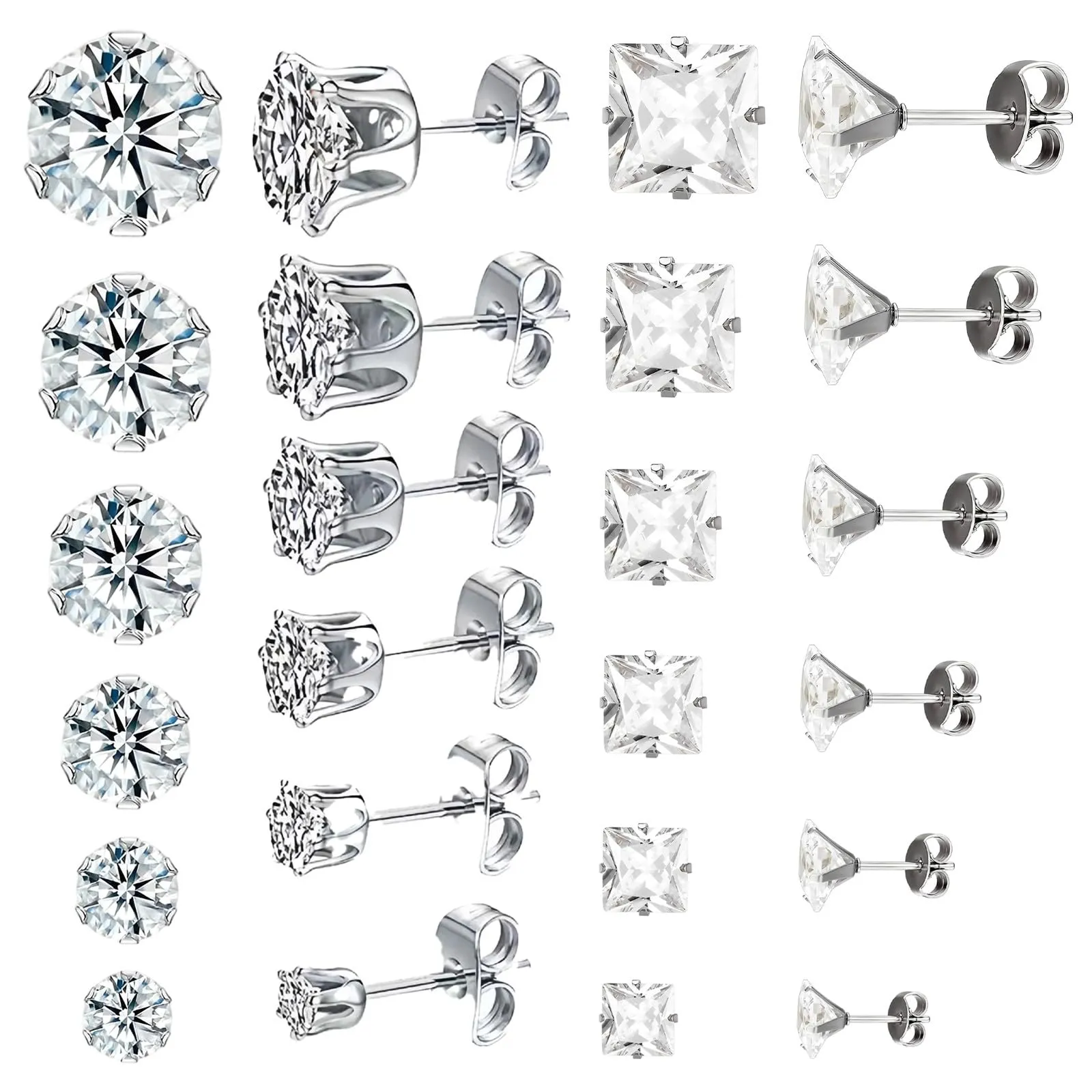 SWYZOR 12 Paia Orecchini con Zirconi Cubici in Acciaio al Titanio, 3-8 mm (Argento) - immagine 1