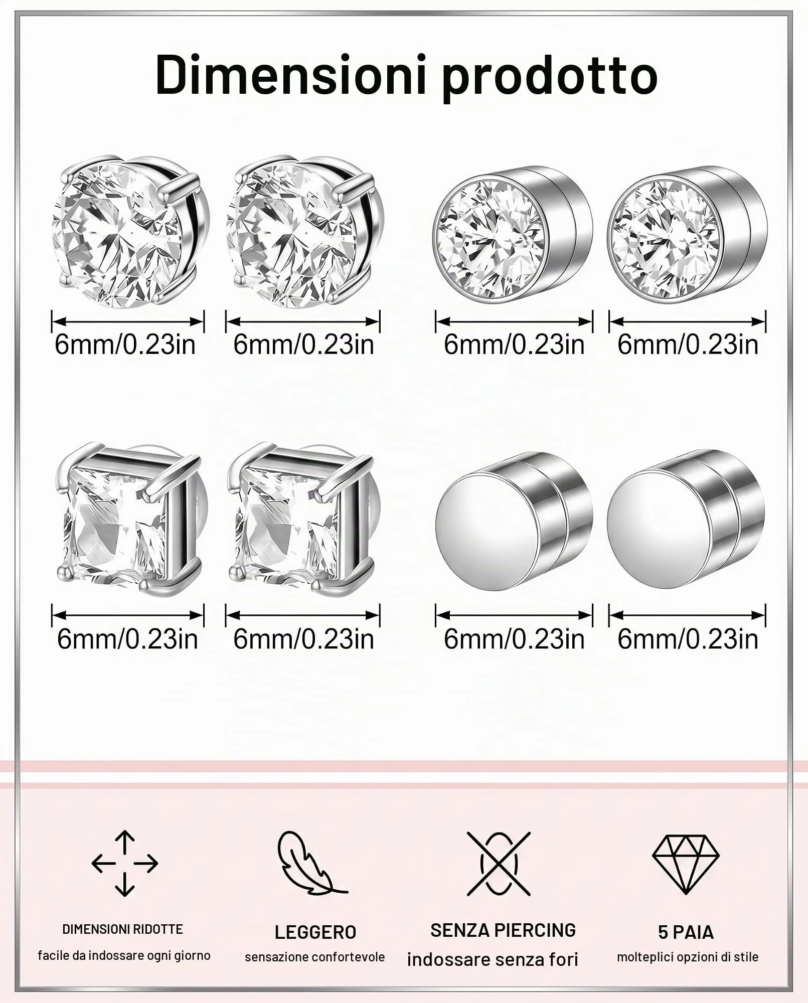 BTACGWP Orecchini Magnetici Uomo Senza Buco in Circonio, 6mm, Set da 5 Paia - immagine 2