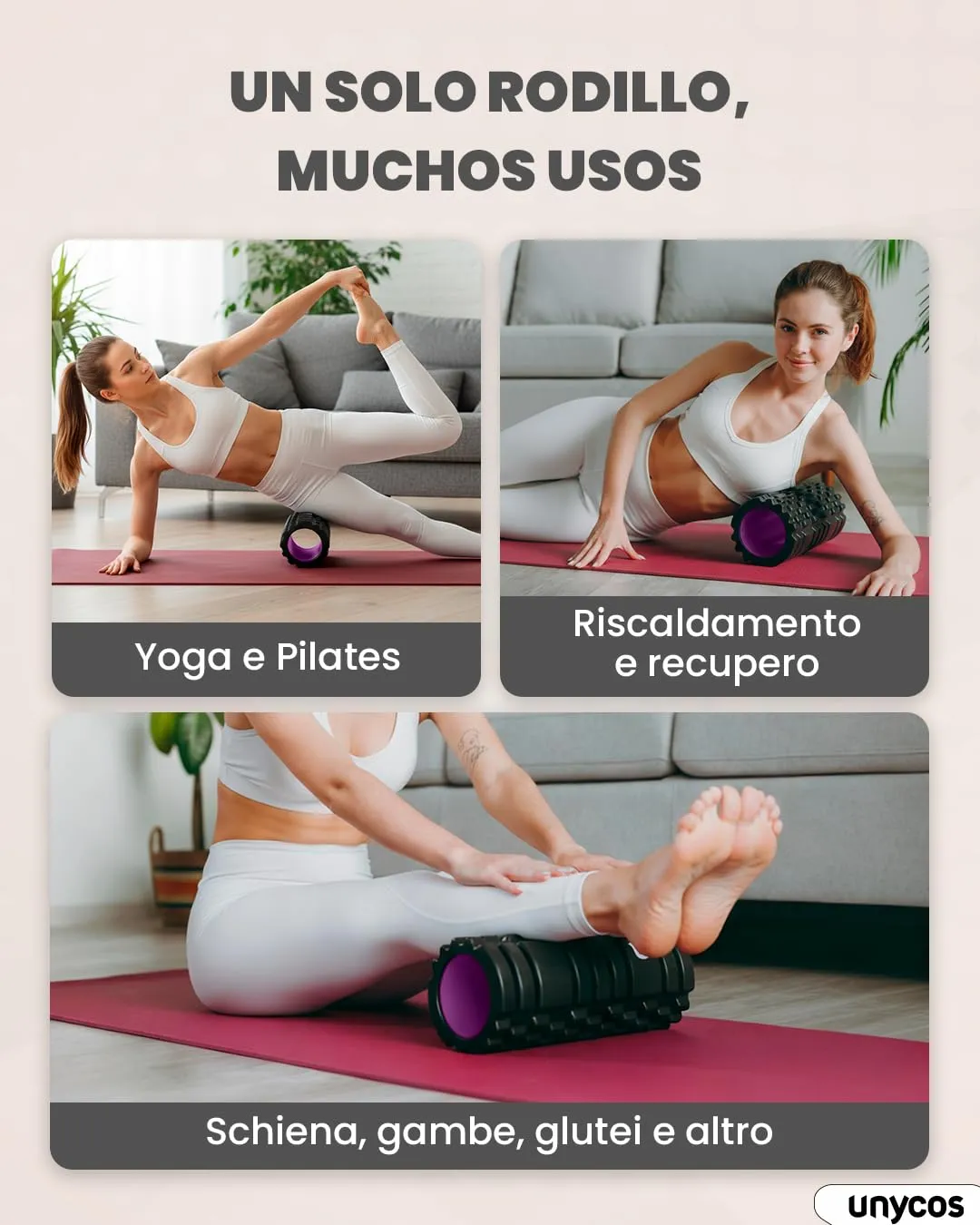 unycos Foam Roller EVA per Massaggio Muscolare, 33x14 cm, Nero/Viola - immagine 4