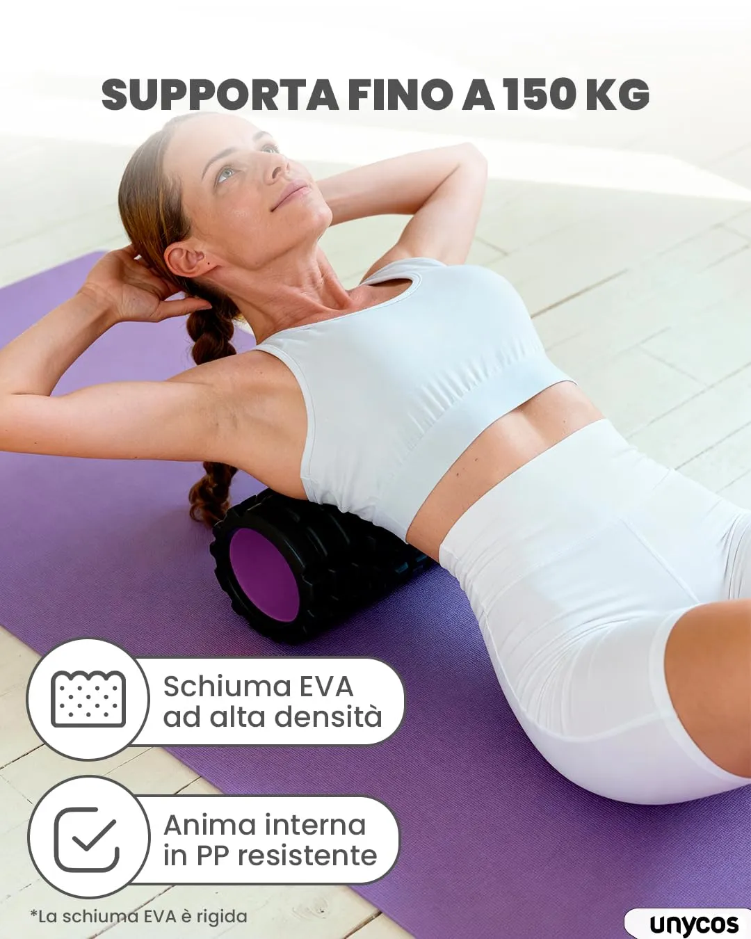 unycos Foam Roller EVA per Massaggio Muscolare, 33x14 cm, Nero/Viola - immagine 5