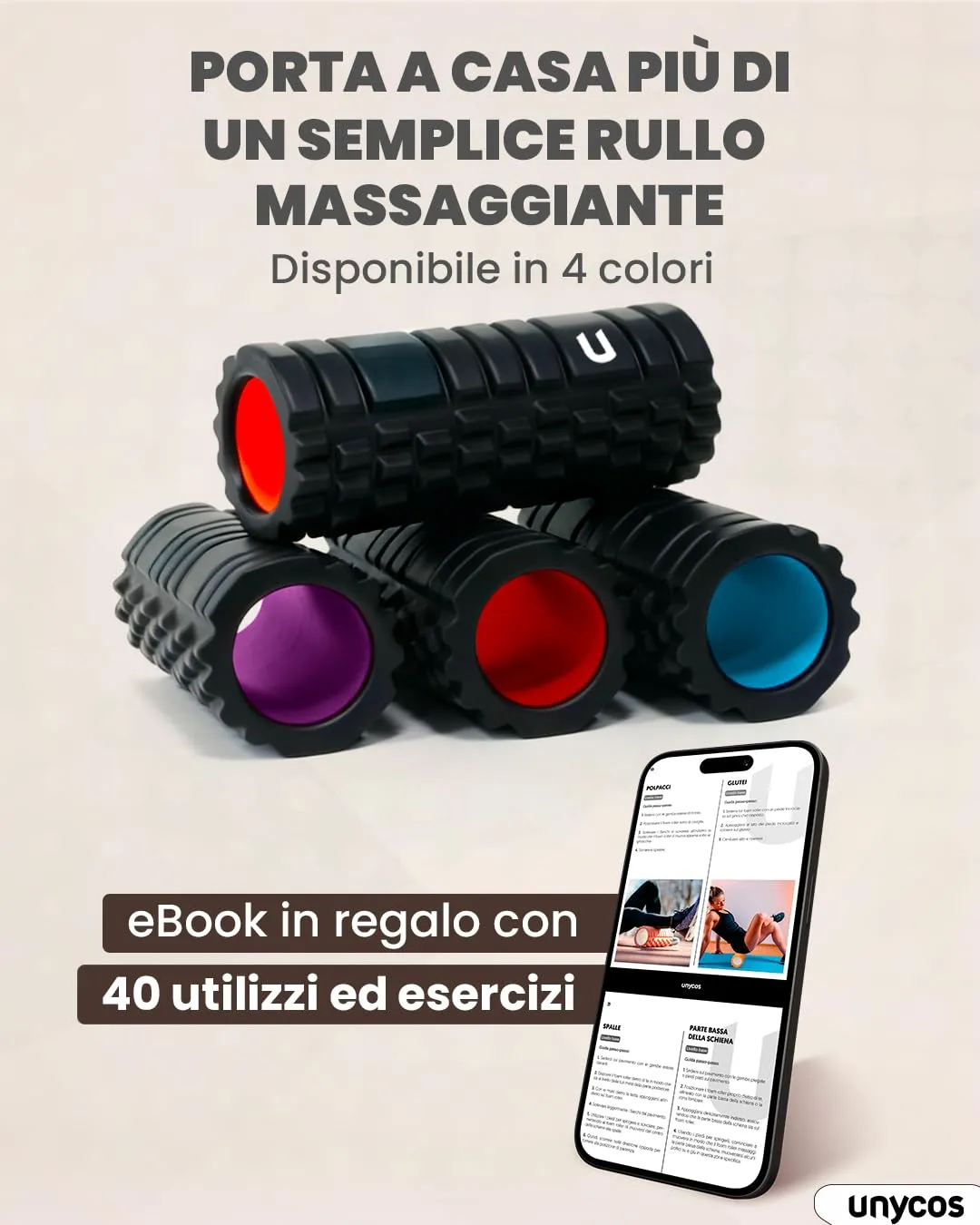 unycos Foam Roller EVA per Massaggio Muscolare, 33x14 cm, Nero/Viola - immagine 7