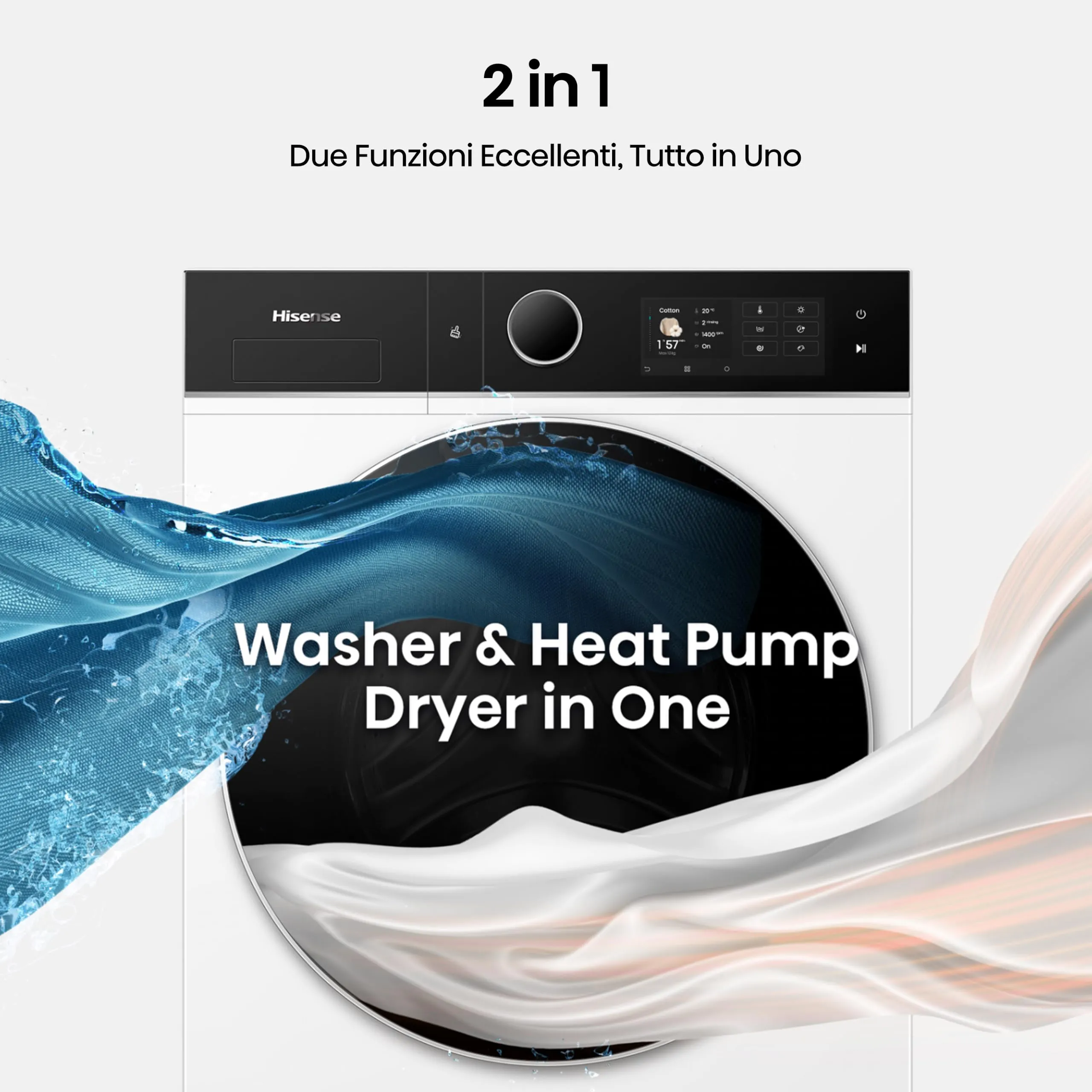 Hisense WD5I1245BWRH Lavasciuga Pompa di Calore 12 + 8 Kg, 1400 RPM, Classe Energetica A-30%/A-10%, Bianco - immagine 10