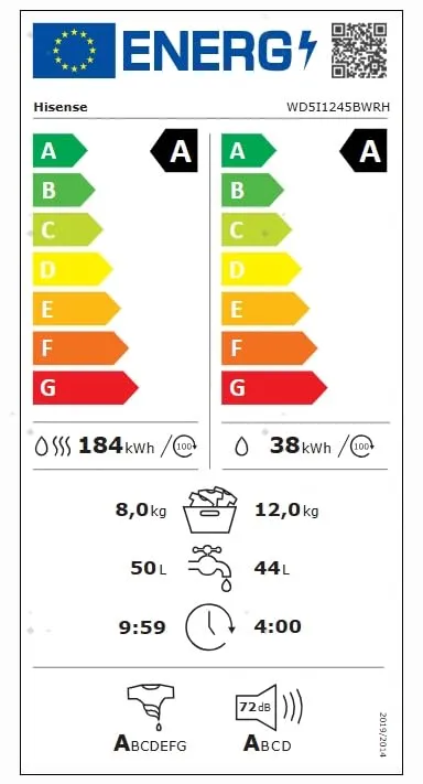 Hisense WD5I1245BWRH Lavasciuga Pompa di Calore 12 + 8 Kg, 1400 RPM, Classe Energetica A-30%/A-10%, Bianco - immagine 13
