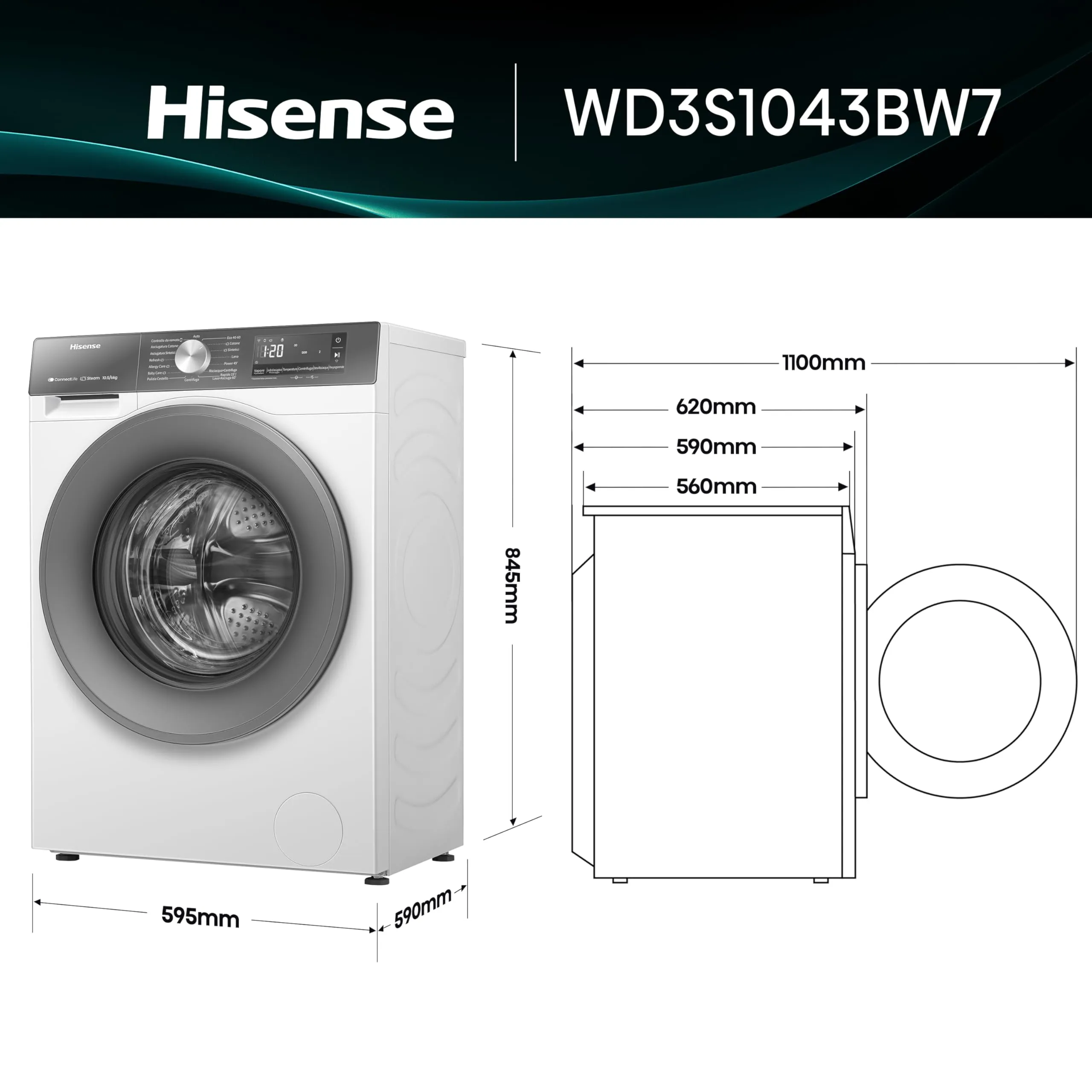 Hisense WD3S1043BW7 Lavasciuga 10,5 + 6 kg, 1400 RPM, Vapore, Motore Inverter, Classe Energetica A-20%/D, Display LED, Grigio, WiFi - immagine 2