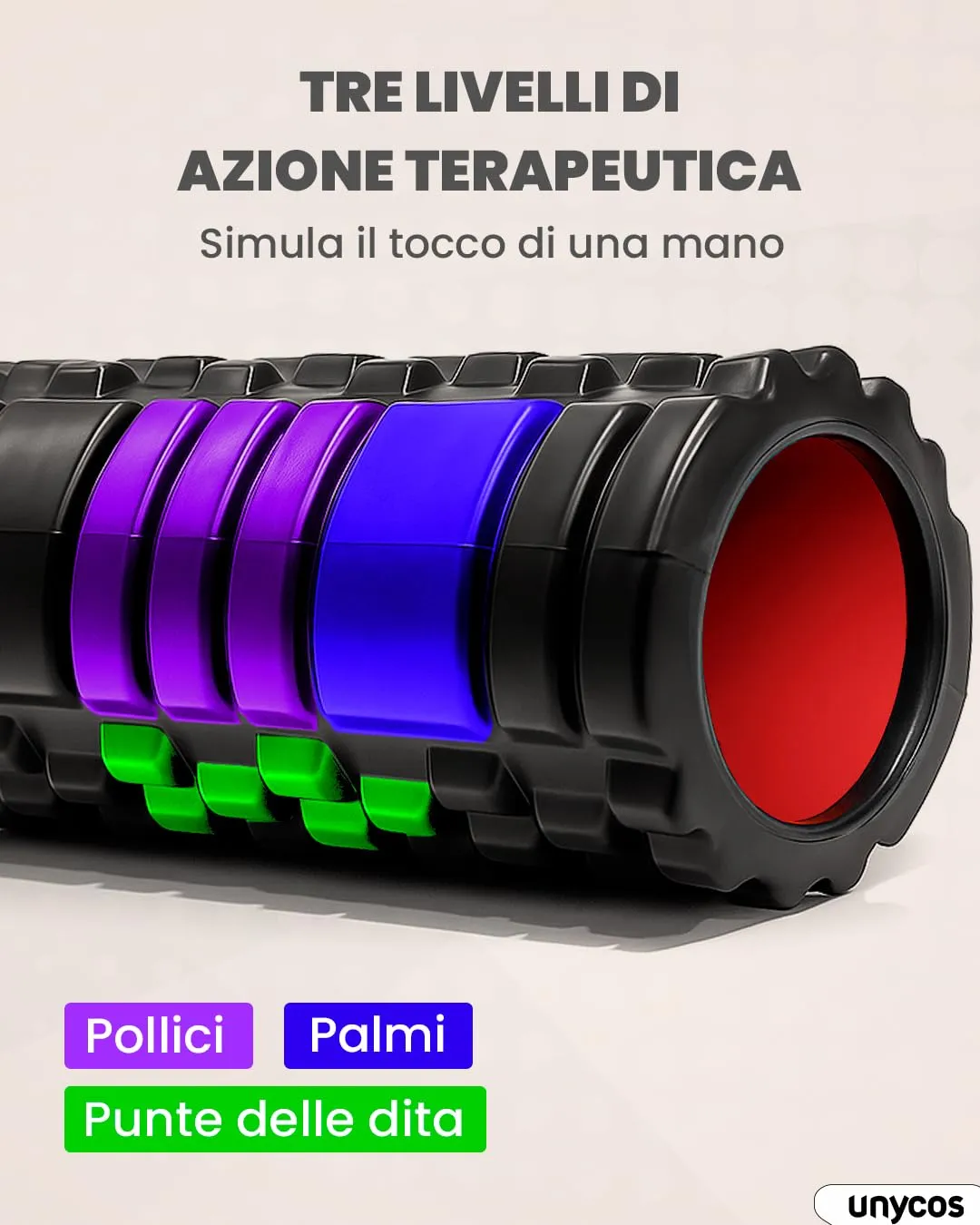unycos Foam Roller EVA per Massaggio Muscolare, 33x14 cm, Nero/Rosso - immagine 3