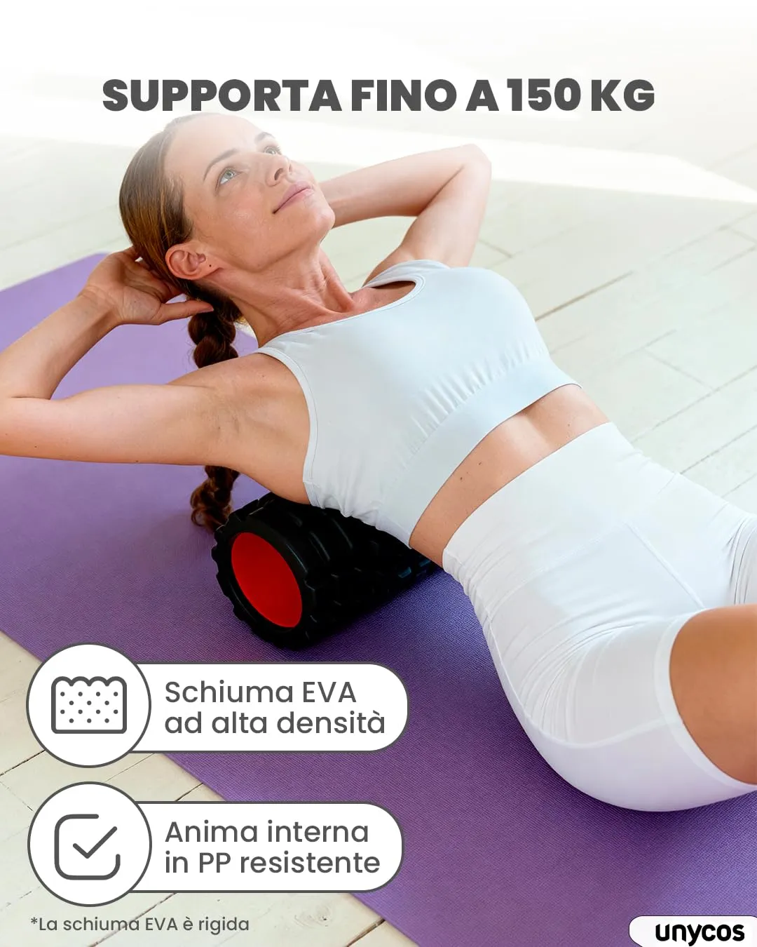 unycos Foam Roller EVA per Massaggio Muscolare, 33x14 cm, Nero/Rosso - immagine 5