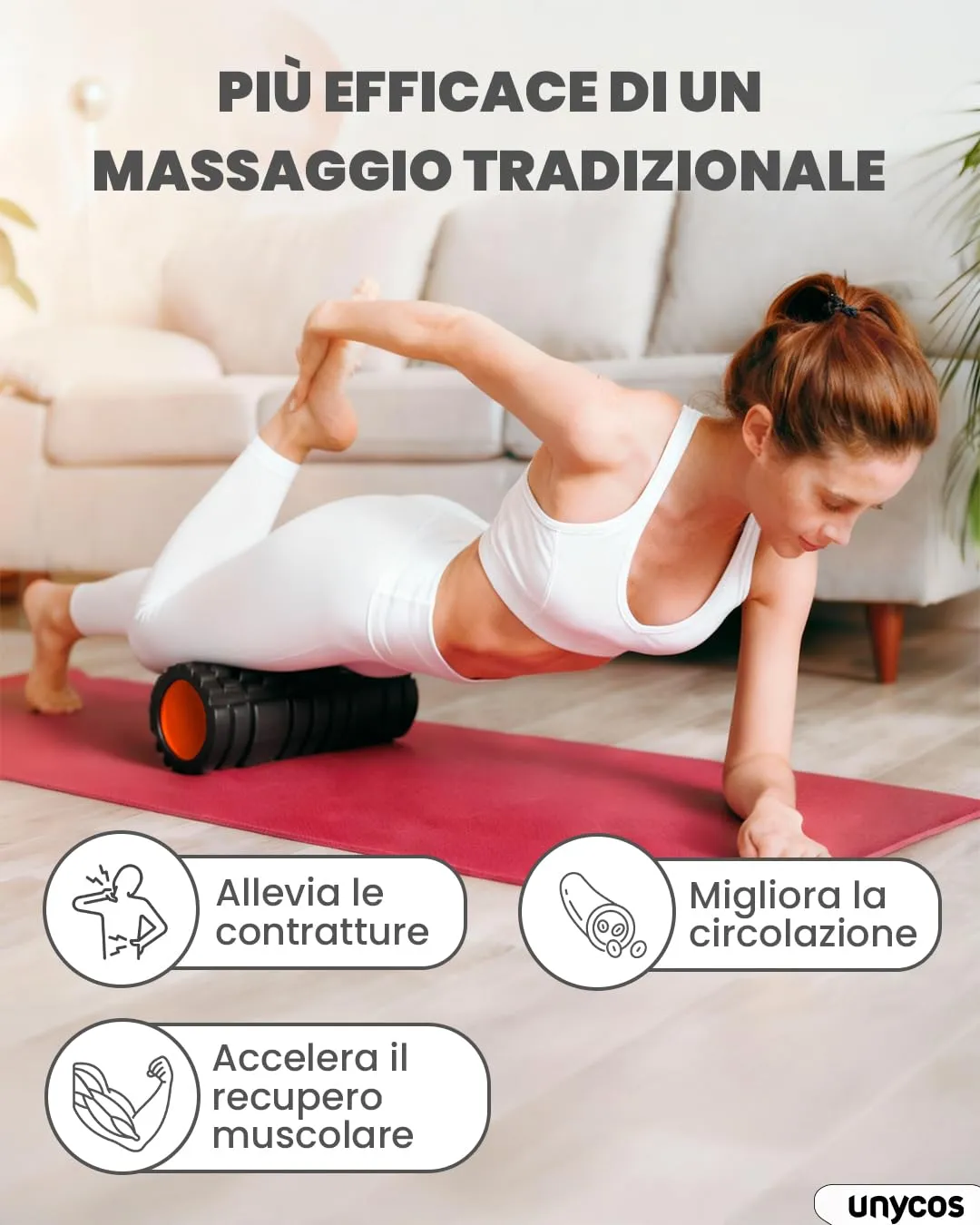 unycos Foam Roller EVA per Massaggio Muscolare, 33x14 cm, Nero/Arancione - immagine 2