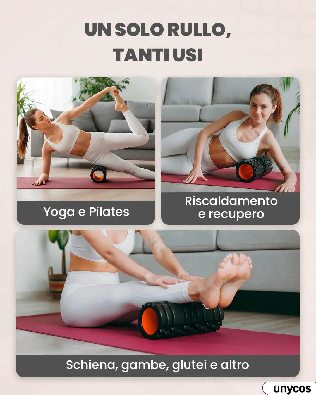 unycos Foam Roller EVA per Massaggio Muscolare, 33x14 cm, Nero/Arancione - immagine 4