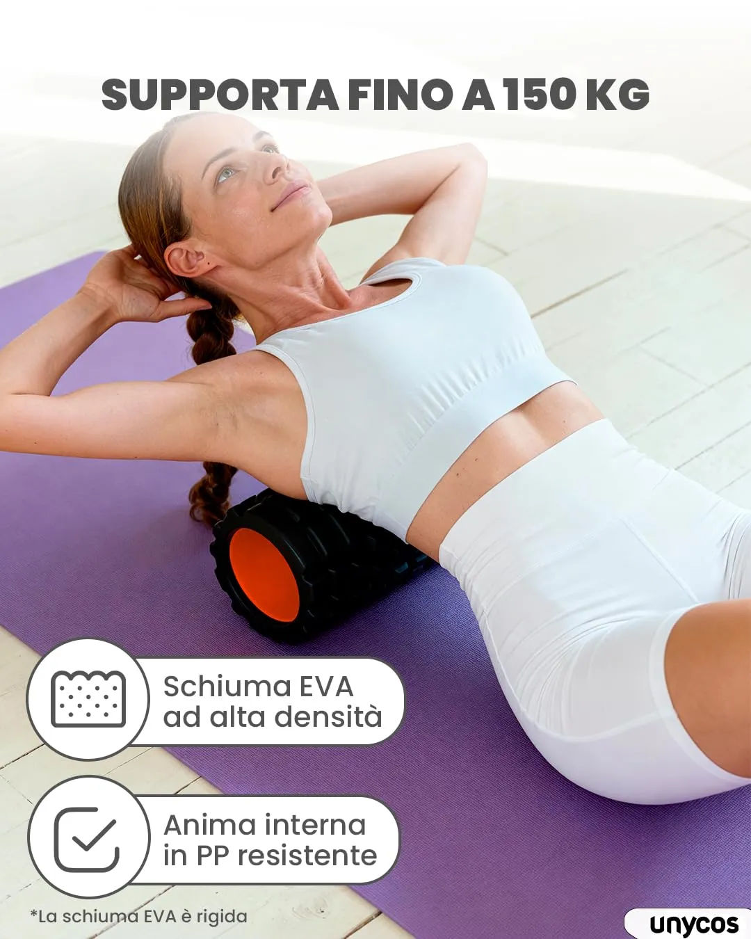 unycos Foam Roller EVA per Massaggio Muscolare, 33x14 cm, Nero/Arancione - immagine 5