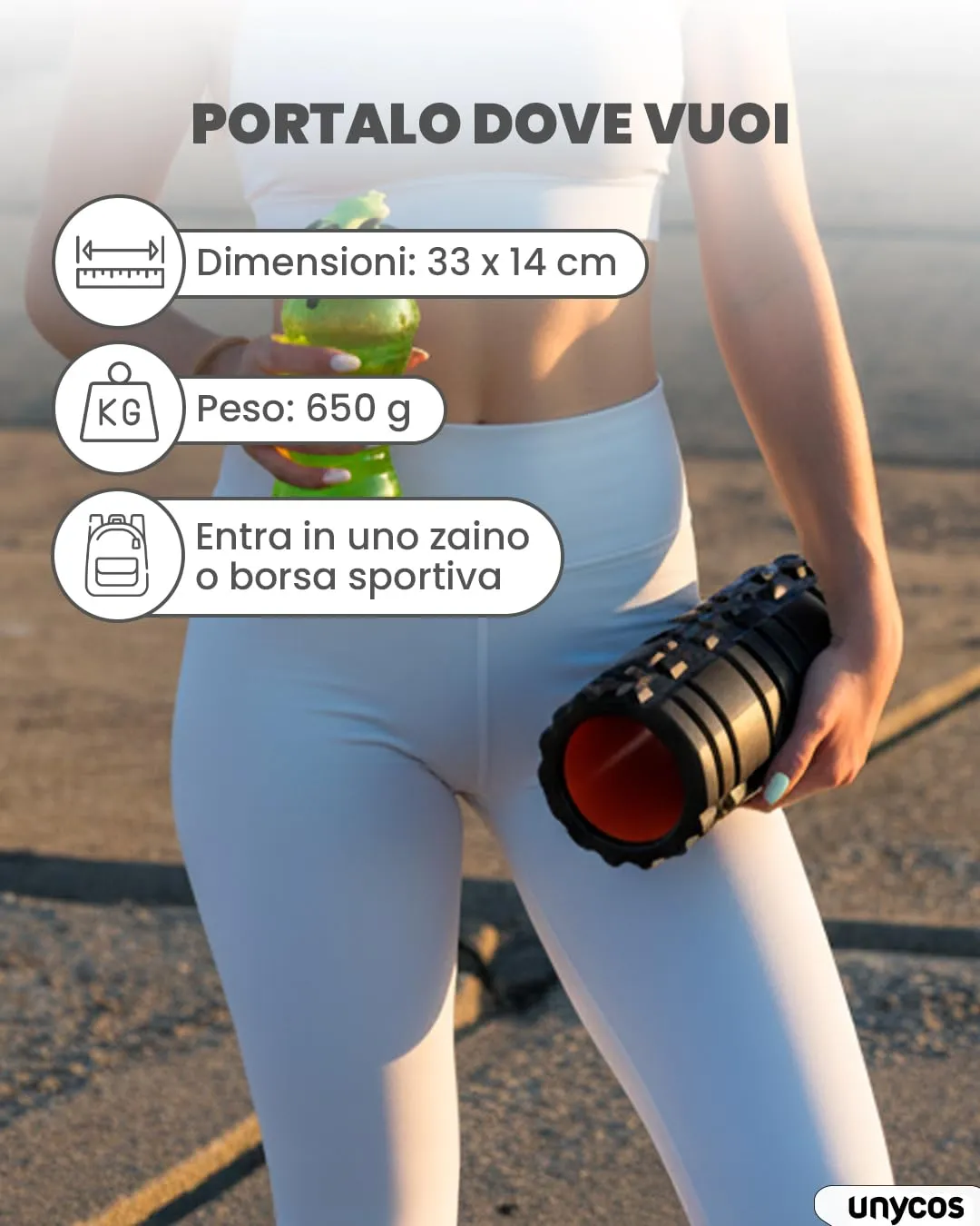 unycos Foam Roller EVA per Massaggio Muscolare, 33x14 cm, Nero/Arancione - immagine 6