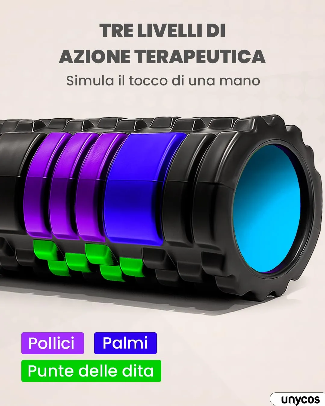 unycos Foam Roller EVA per Massaggio Muscolare, 33x14 cm, Nero/Blu - immagine 3