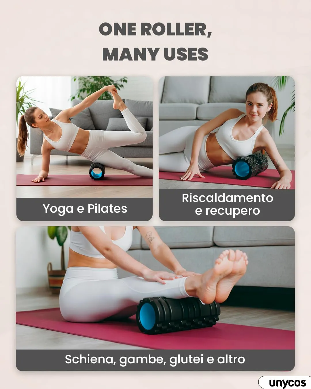 unycos Foam Roller EVA per Massaggio Muscolare, 33x14 cm, Nero/Blu - immagine 4