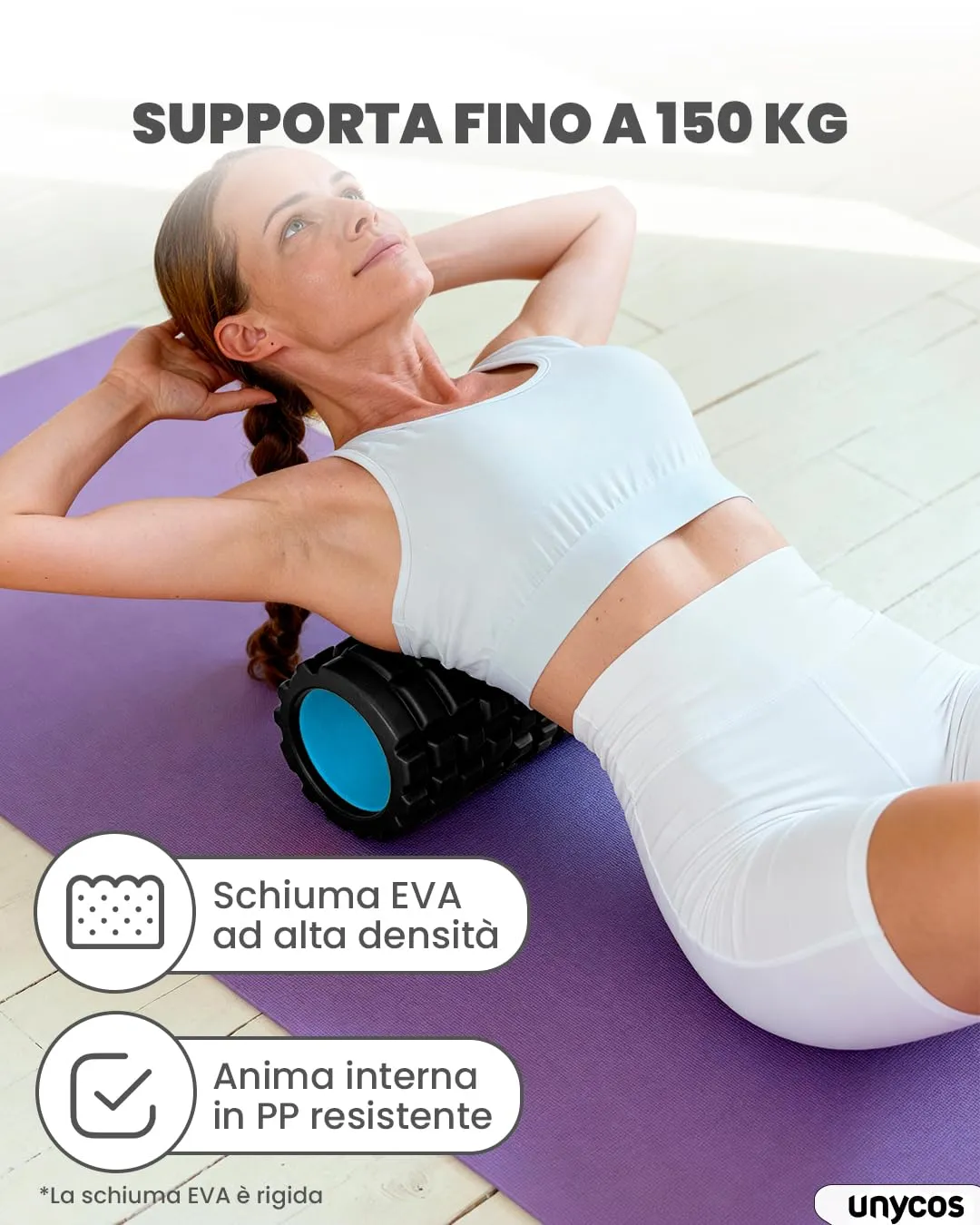 unycos Foam Roller EVA per Massaggio Muscolare, 33x14 cm, Nero/Blu - immagine 5