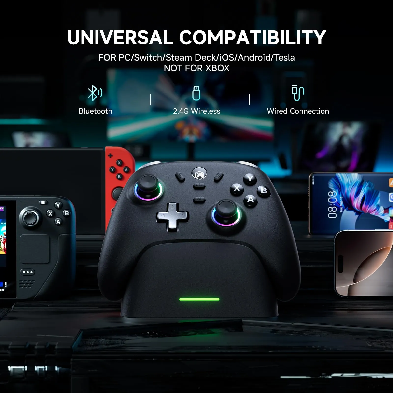ECHTPower Controller Gaming con Base di Ricarica, Hall Joystick, 1000Hz Polling Rate, 3 Modalità (2.4GHz/BT/Cavo) per PC, Switch, iOS, Android - immagine 4