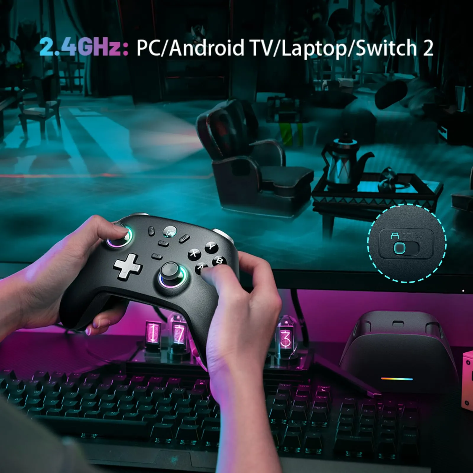 ECHTPower Controller Gaming con Base di Ricarica, Hall Joystick, 1000Hz Polling Rate, 3 Modalità (2.4GHz/BT/Cavo) per PC, Switch, iOS, Android - immagine 8