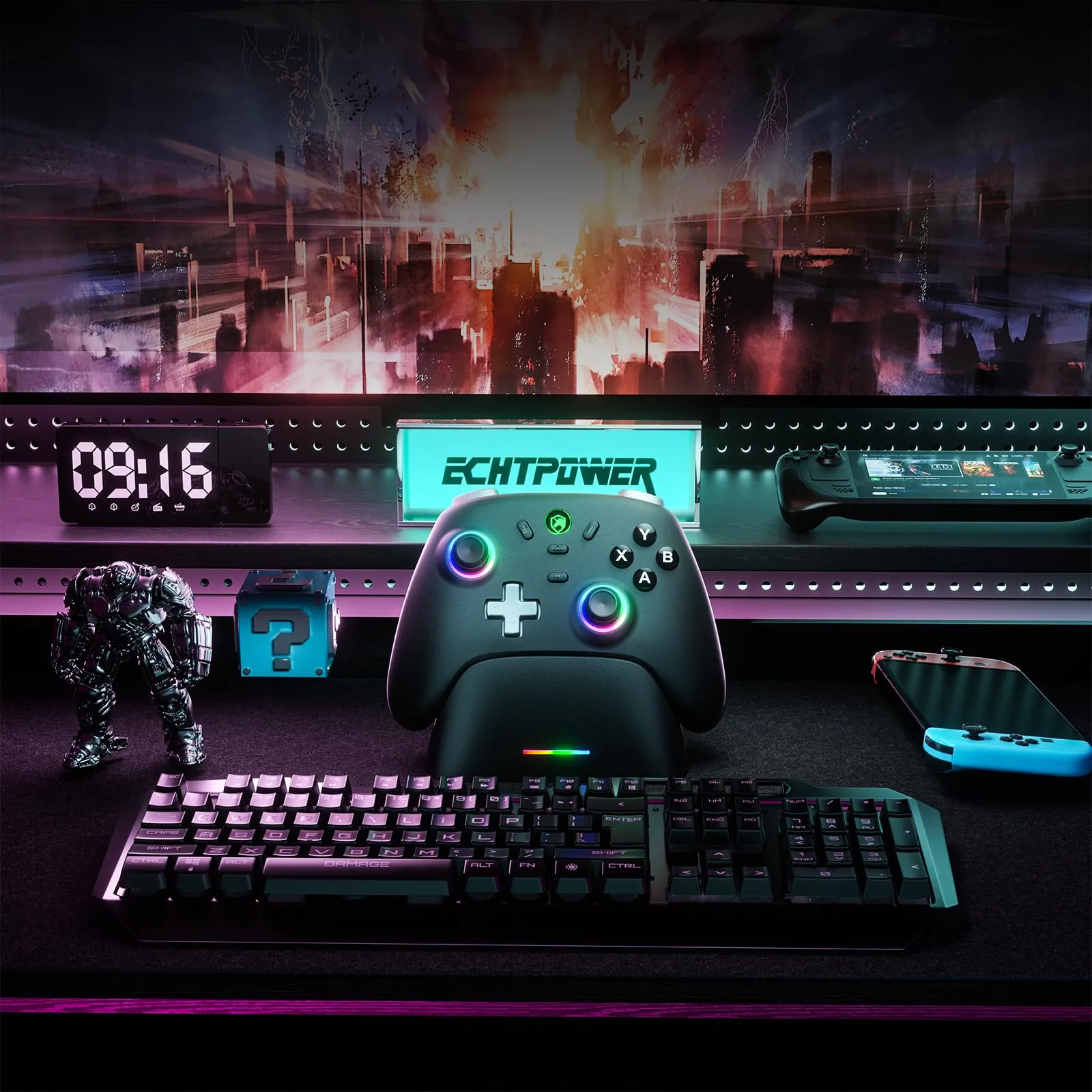 ECHTPower Controller Gaming con Base di Ricarica, Hall Joystick, 1000Hz Polling Rate, 3 Modalità (2.4GHz/BT/Cavo) per PC, Switch, iOS, Android - immagine 9