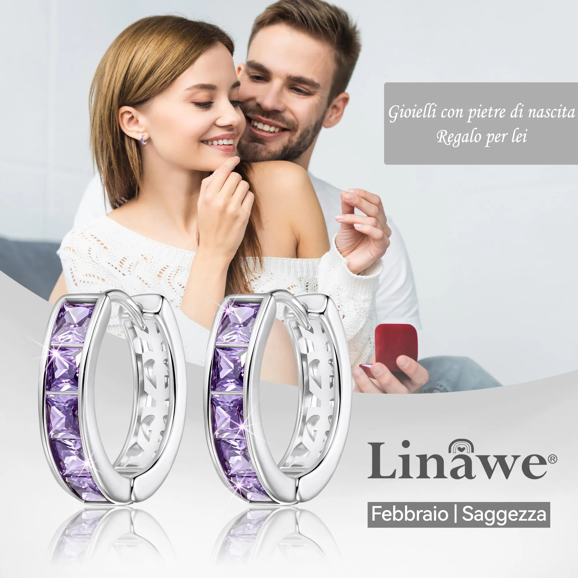 Linawe Orecchini a cerchio in oro bianco con zirconia viola, anello piercing Helix per donna - immagine 5