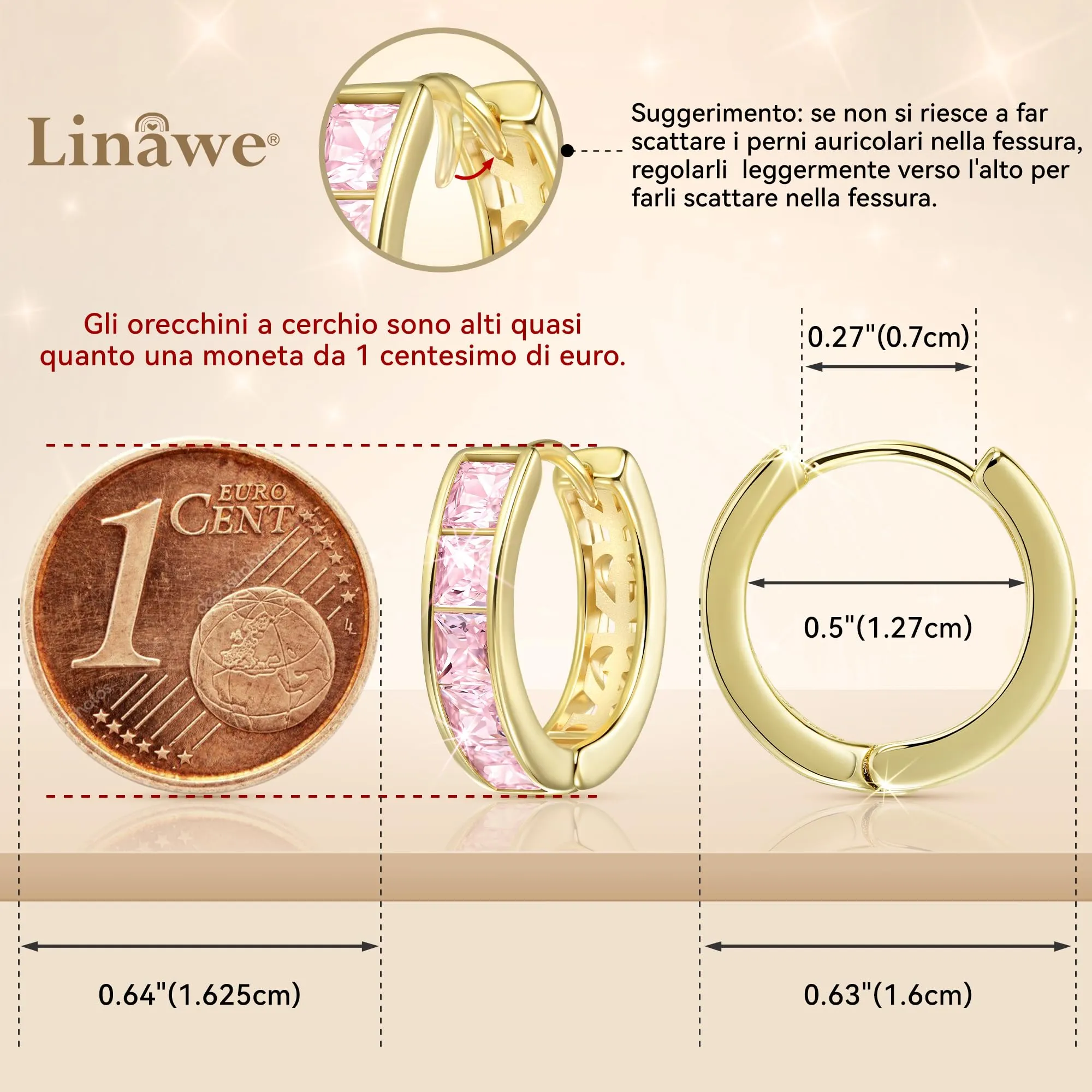 Linawe Orecchini a cerchio piccoli in oro con zirconia rosa - immagine 2