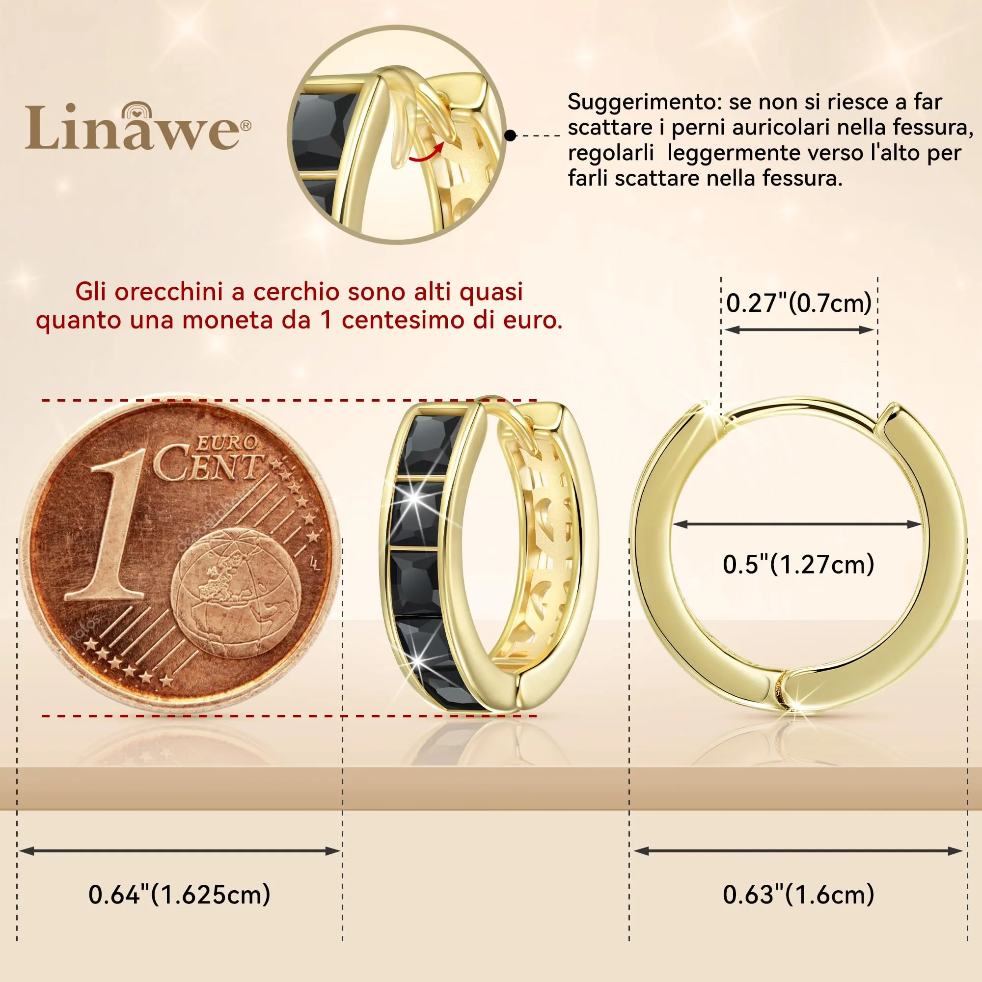 Linawe Orecchini a cerchio da donna placcati in oro 14k con zirconia nera - immagine 2