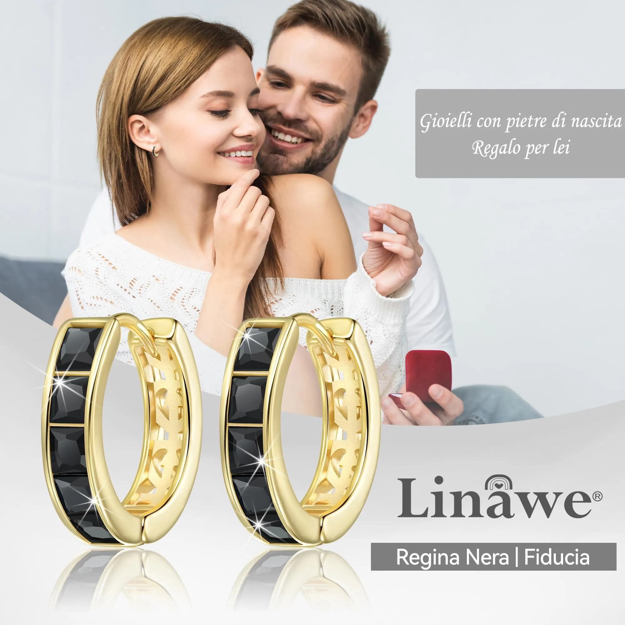 Linawe Orecchini a cerchio da donna placcati in oro 14k con zirconia nera - immagine 5