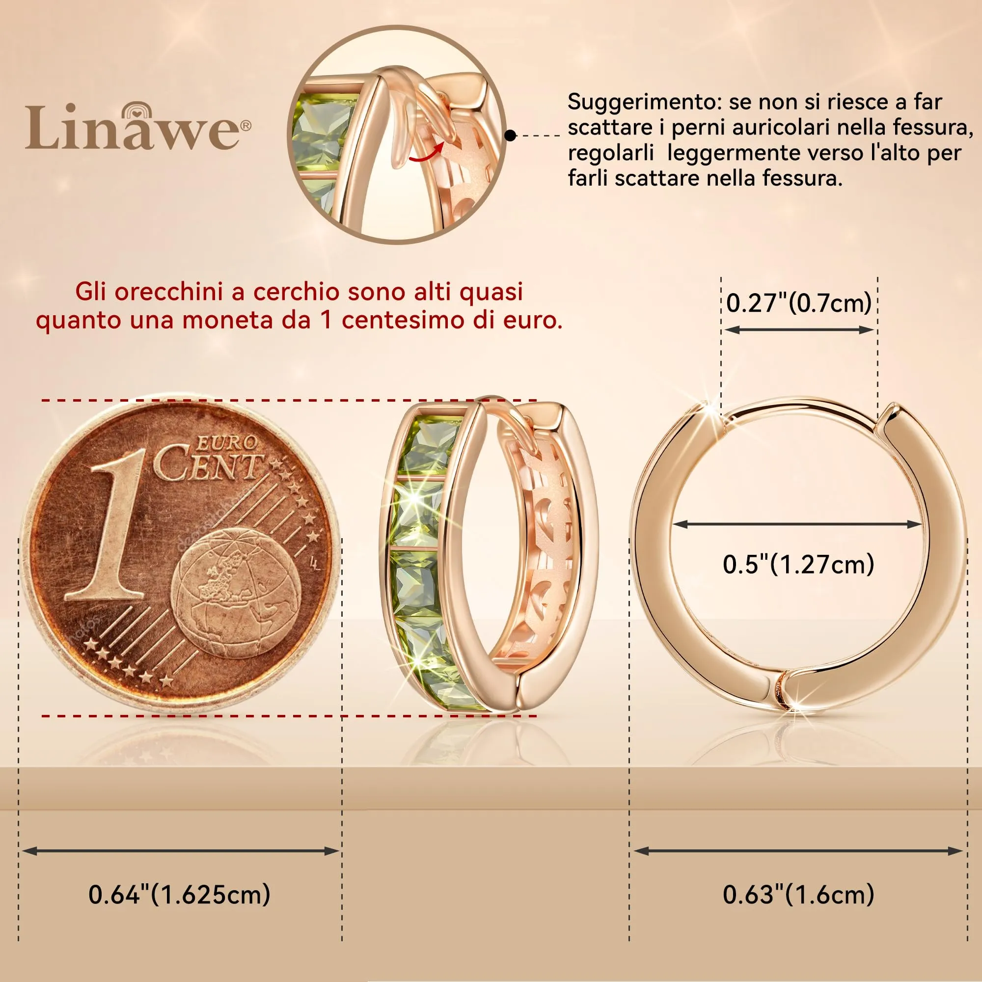 Linawe Orecchini a cerchio in oro rosa e zirconia verde peridoto, piercing Helix e cartilagine per donna - immagine 2