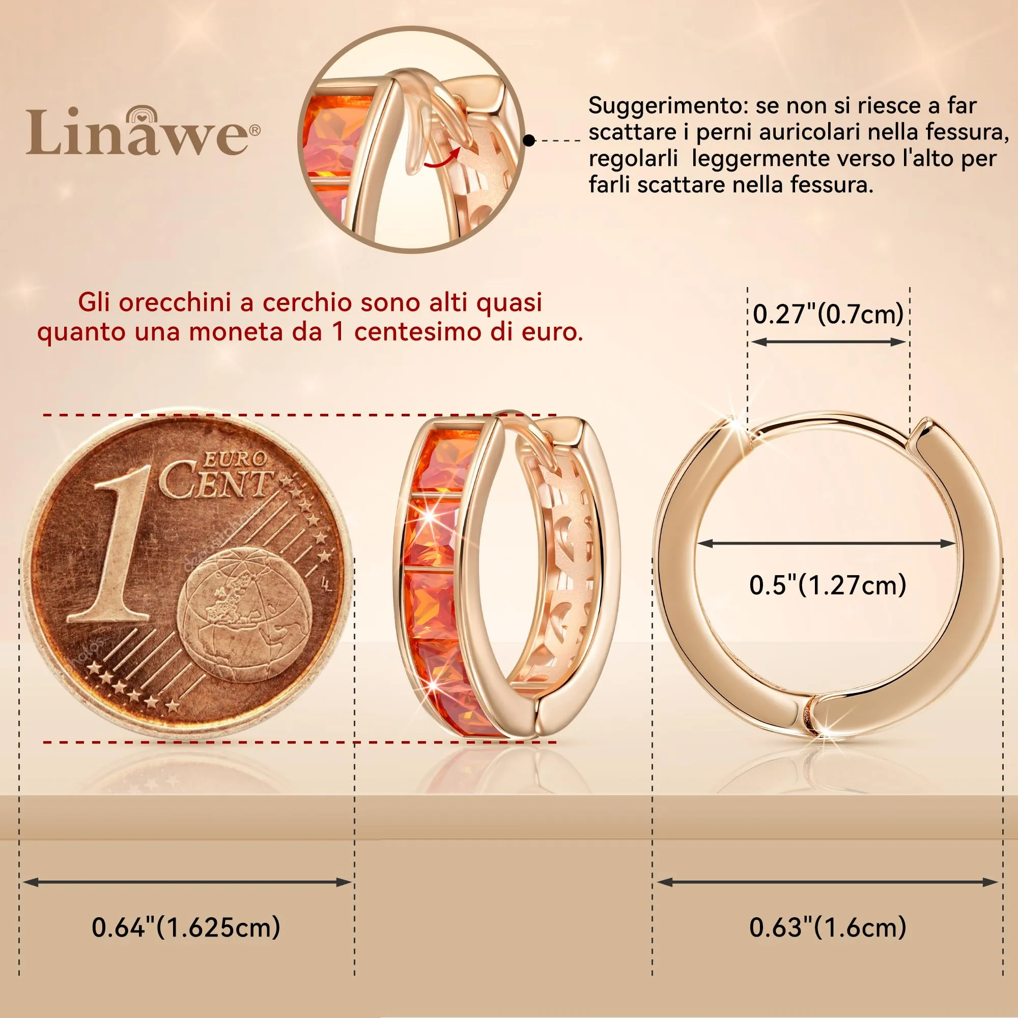 Linawe Orecchini a spirale creola in oro rosa e zirconia arancione - immagine 2