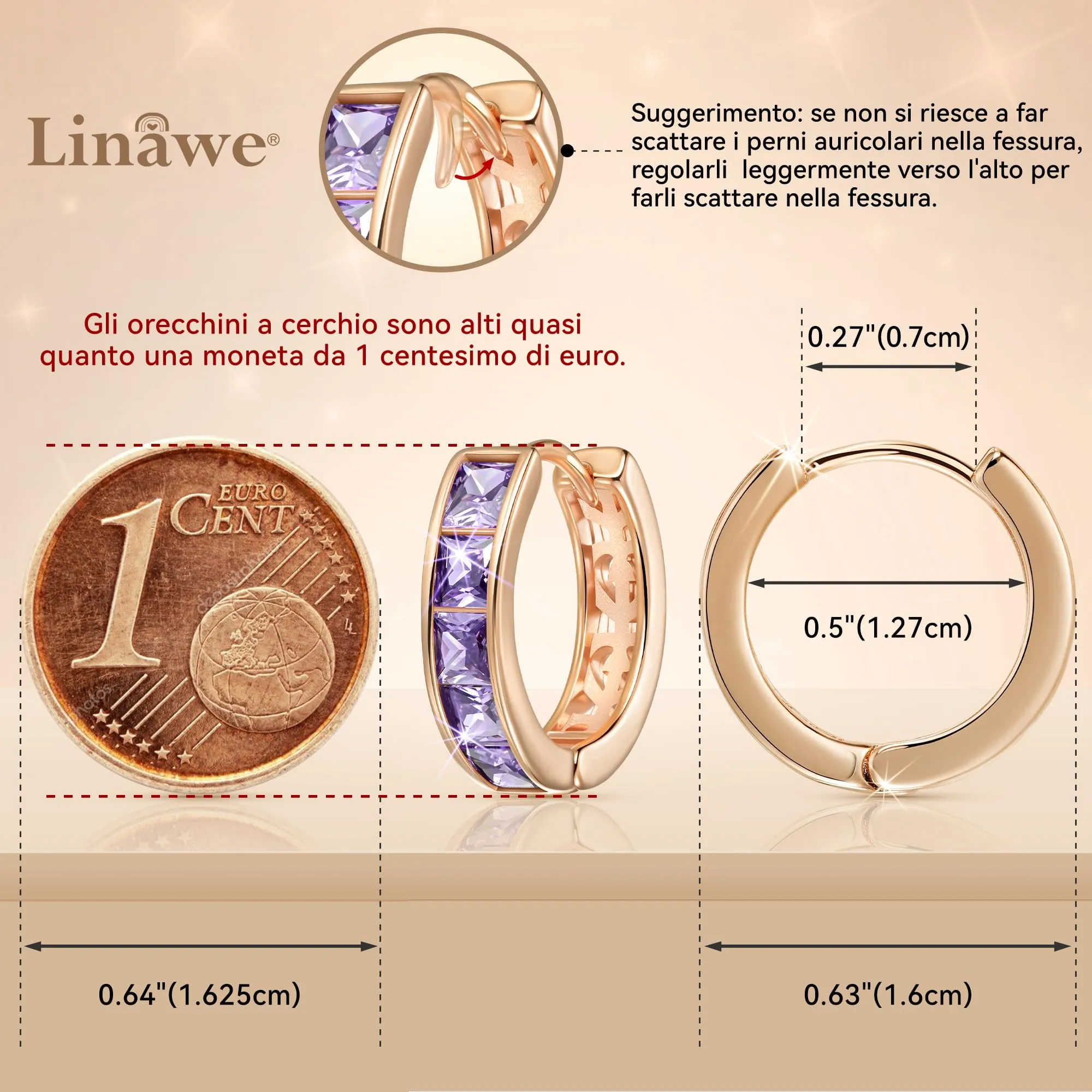 Linawe Mini Orecchini a Cerchio in Oro Rosa con Zirconia Viola - immagine 2