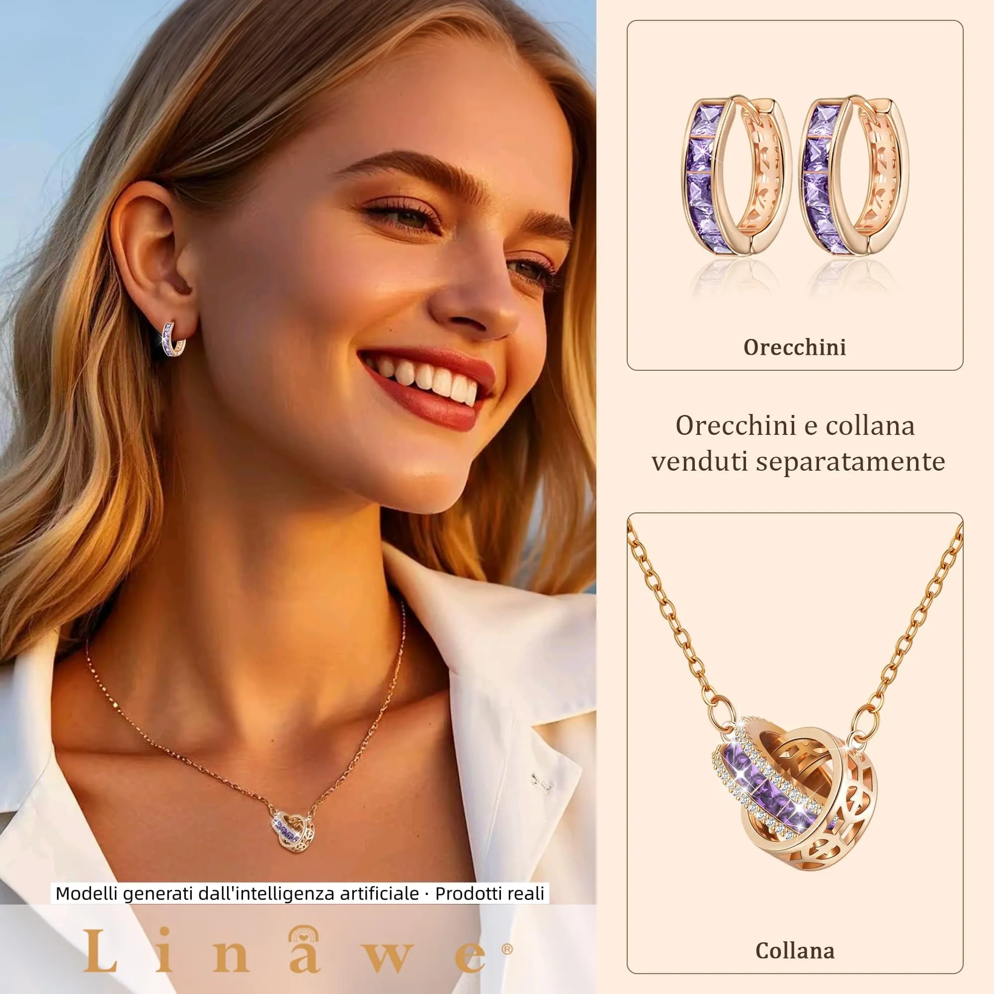 Linawe Mini Orecchini a Cerchio in Oro Rosa con Zirconia Viola - immagine 3