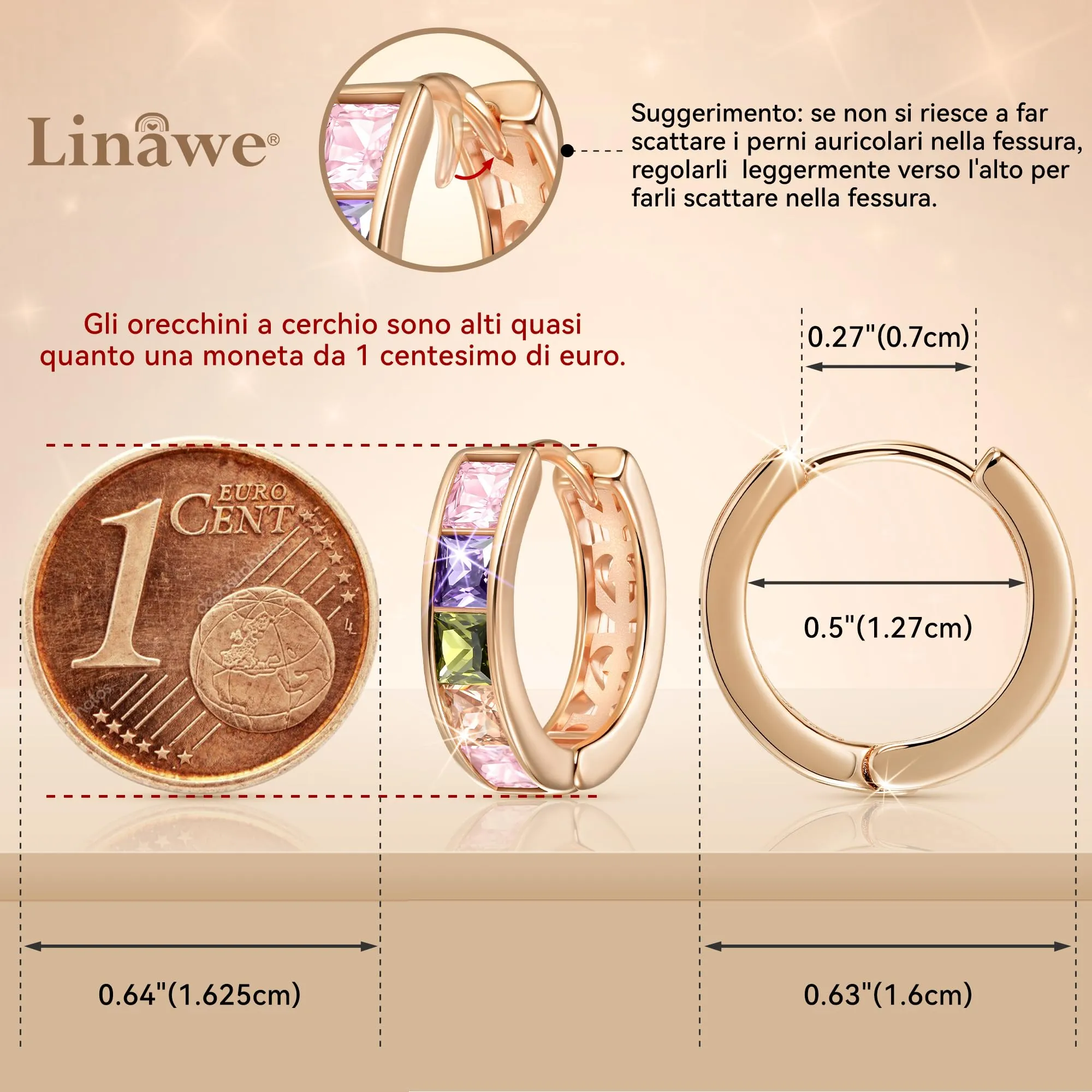 Linawe Orecchini a cerchio in oro rosa con zirconia cubica - immagine 2