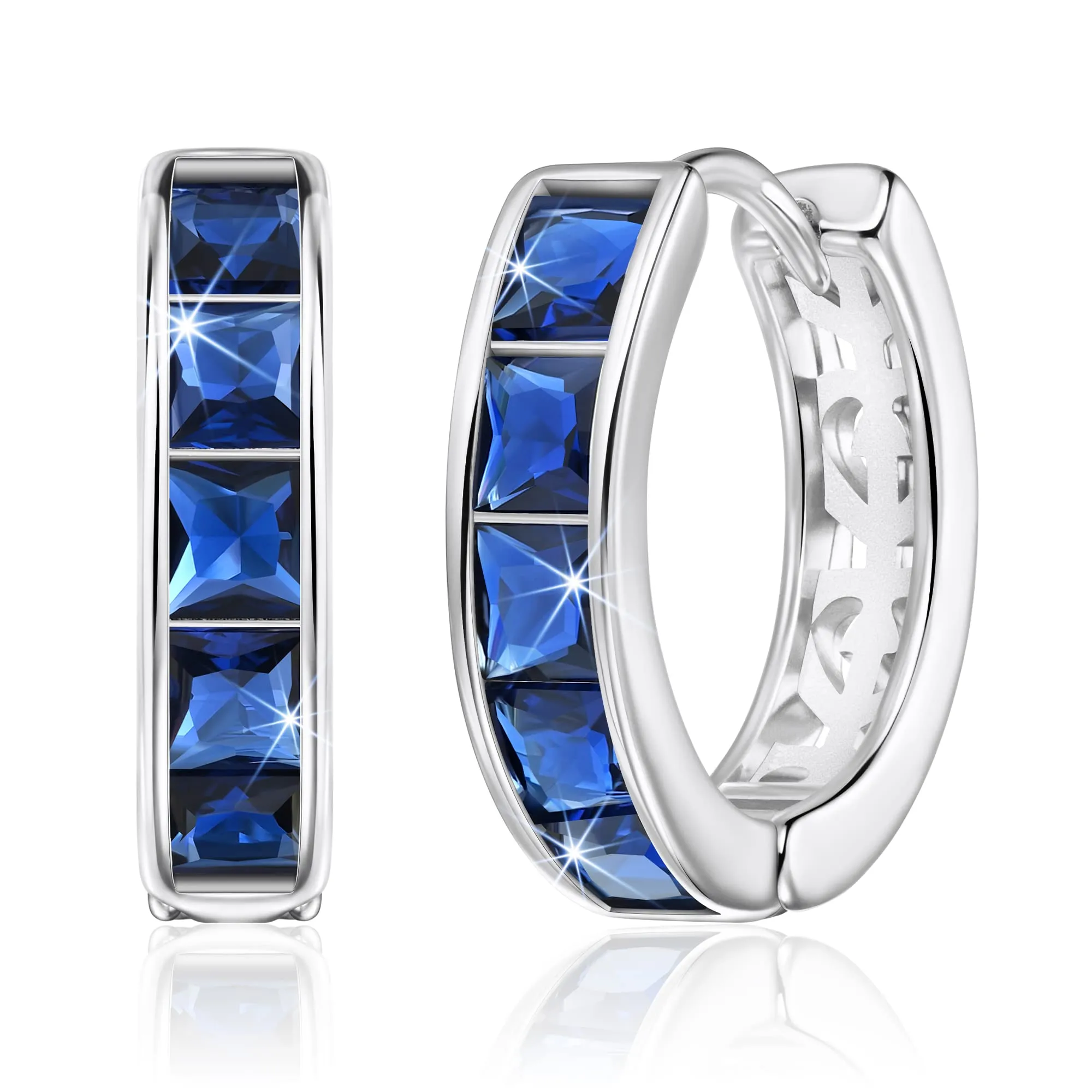 Linawe Orecchini a cerchio piccoli in argento con zirconia blu, ipoallergenici - immagine 1