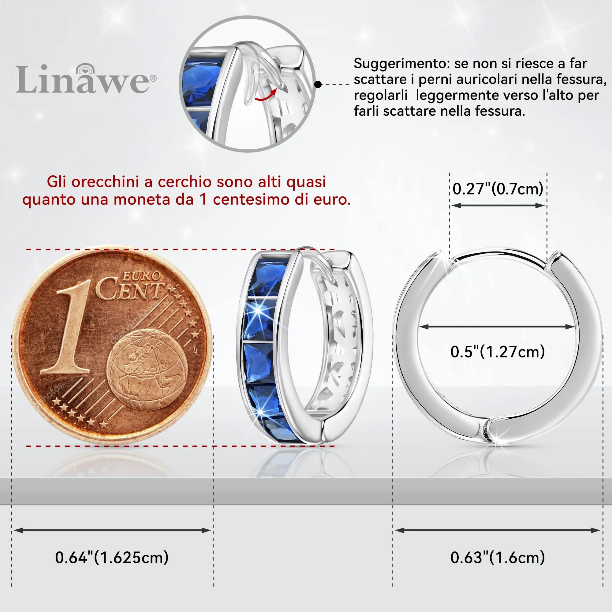 Linawe Orecchini a cerchio piccoli in argento con zirconia blu, ipoallergenici - immagine 2