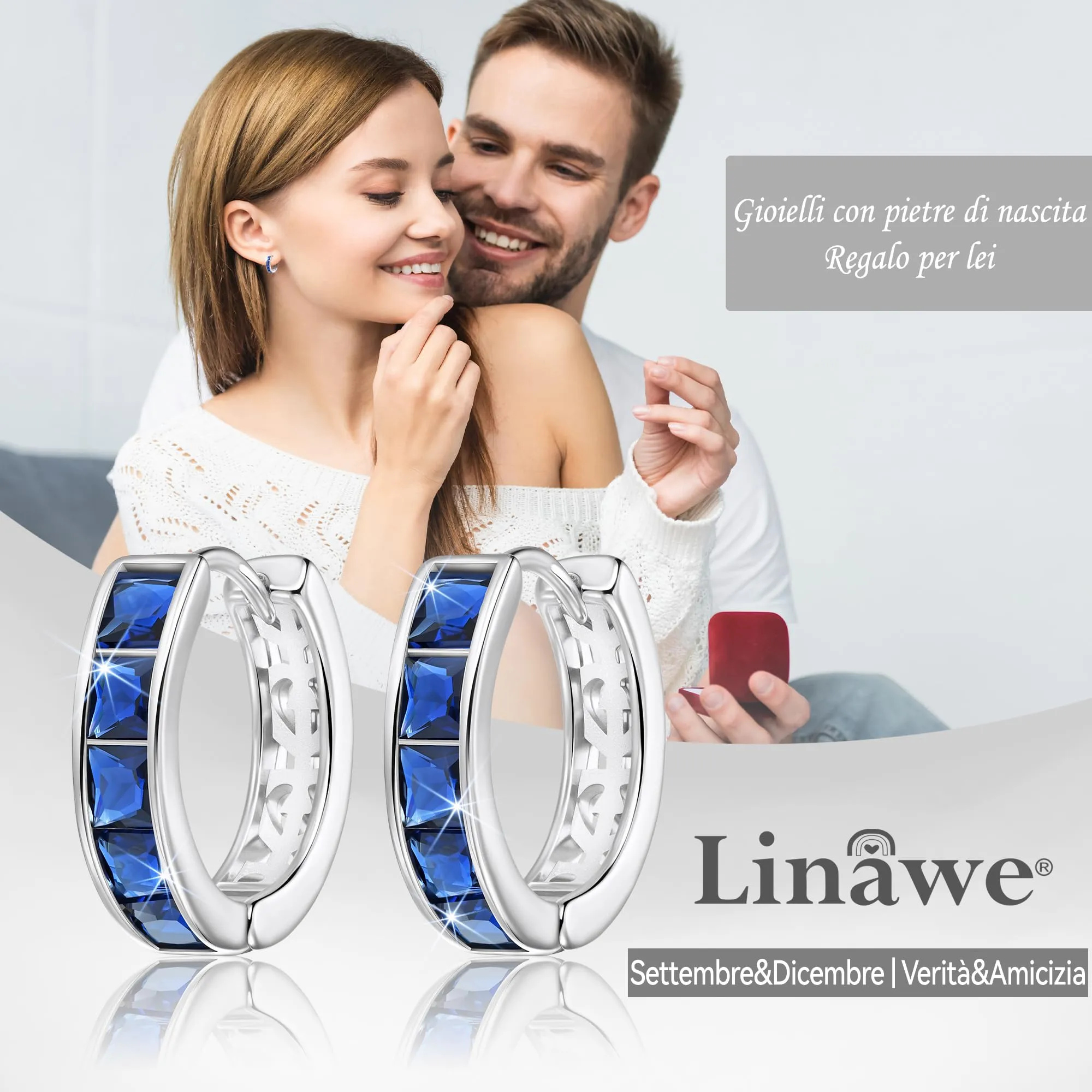 Linawe Orecchini a cerchio piccoli in argento con zirconia blu, ipoallergenici - immagine 5