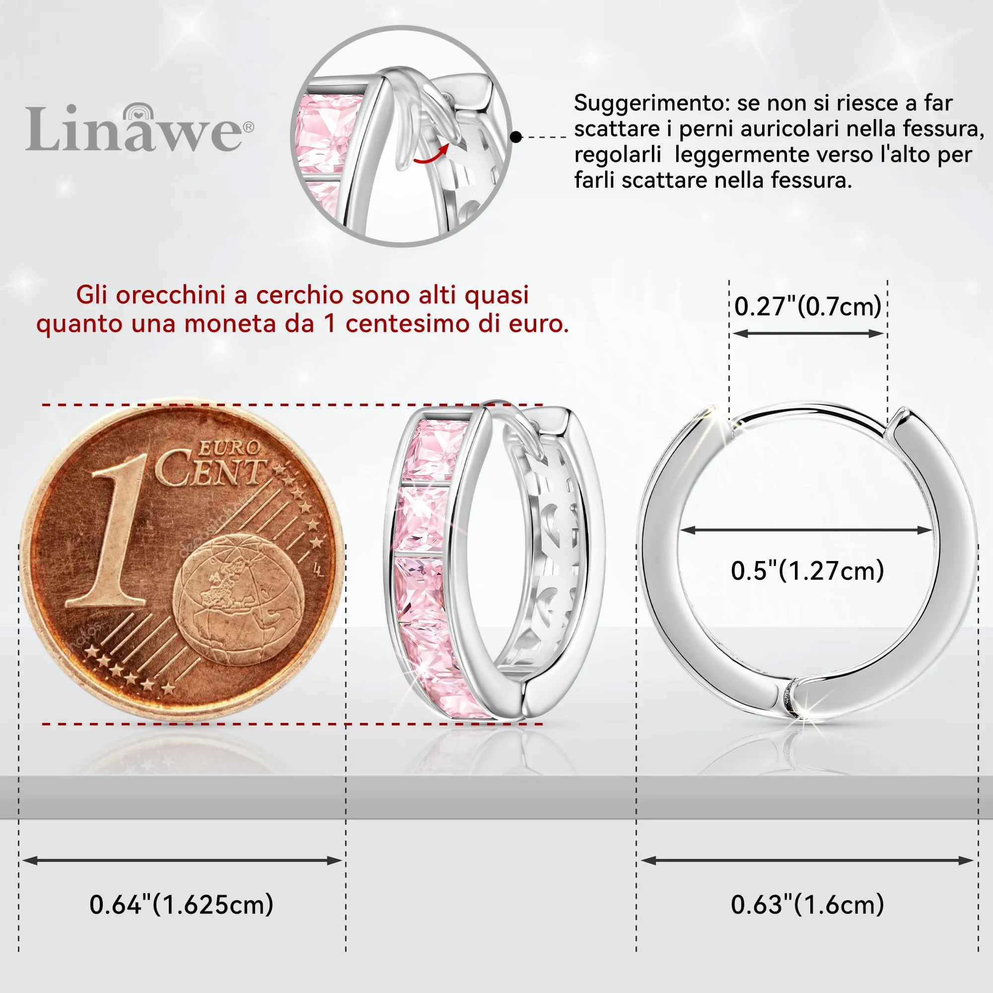 Linawe Orecchini a cerchio rosa in oro bianco con zirconia cubica, Helix Piercing da donna - immagine 2