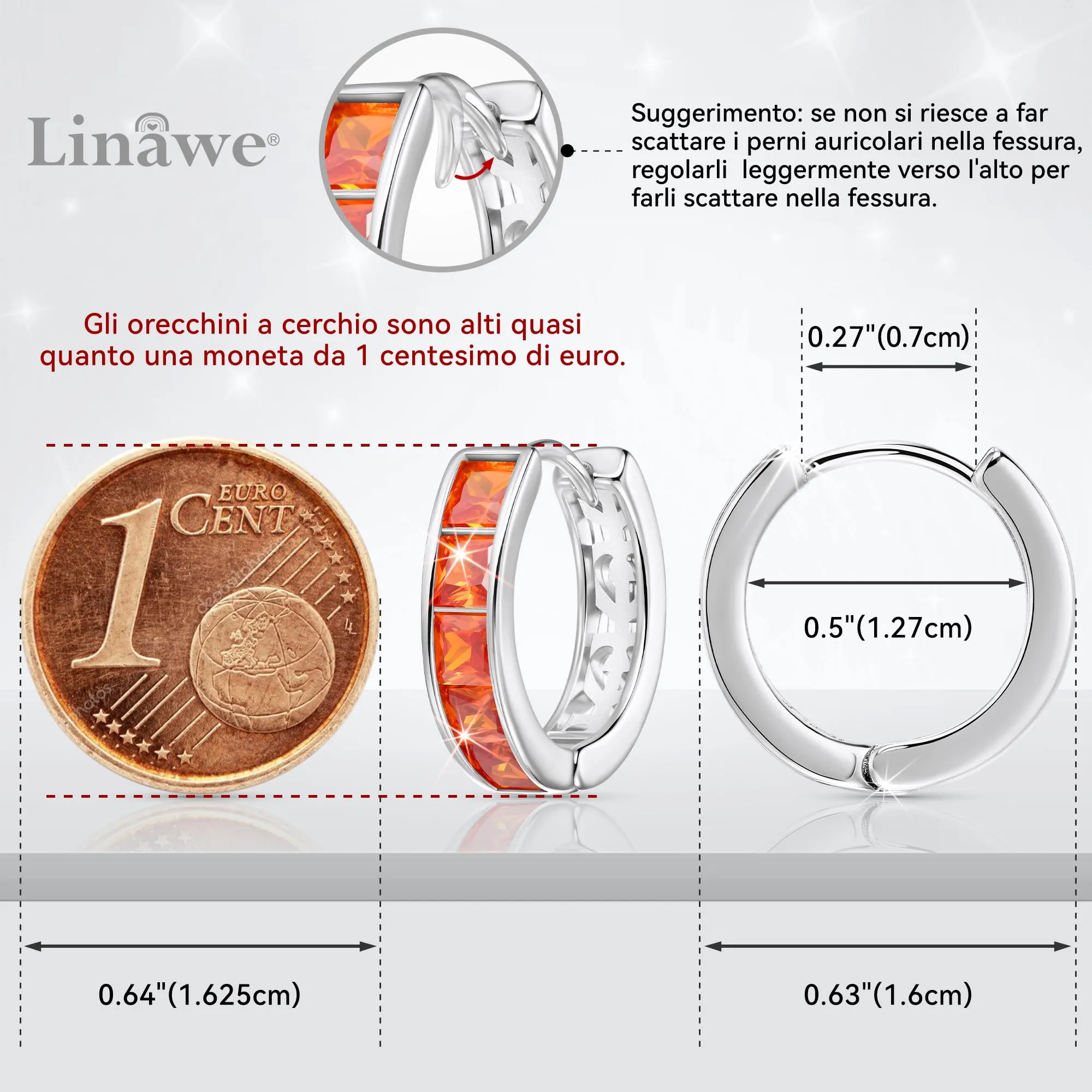 Linawe Orecchini a cerchio in argento con zirconia arancione, ipoallergenici senza nichel - immagine 2
