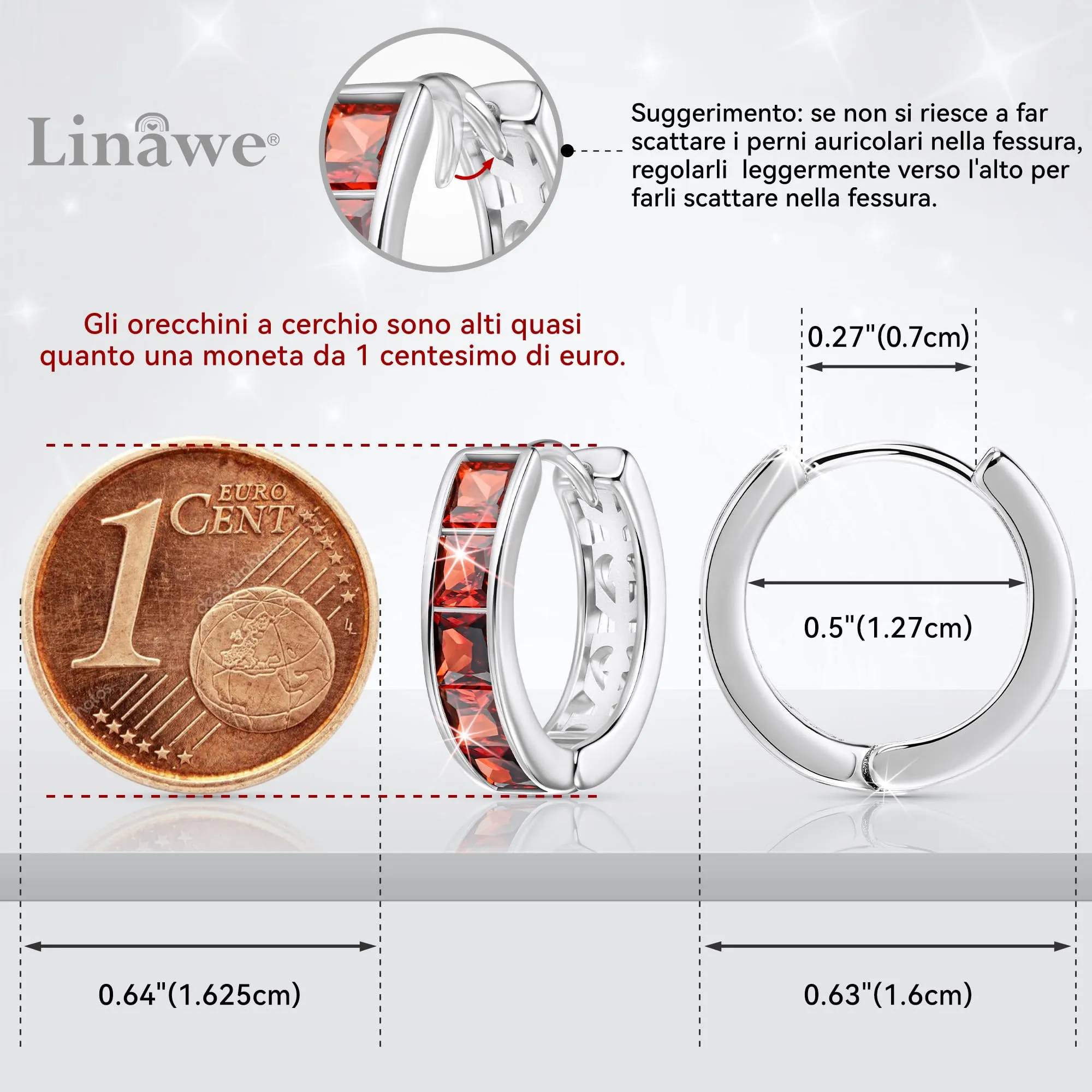Linawe Orecchini a cerchio piccoli in oro bianco con zirconi rossi - immagine 2