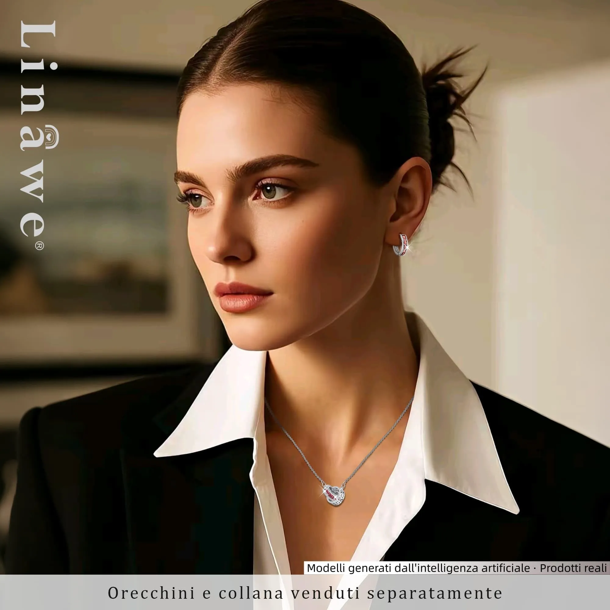 Linawe Orecchini a cerchio piccoli in oro bianco con zirconi rossi - immagine 4