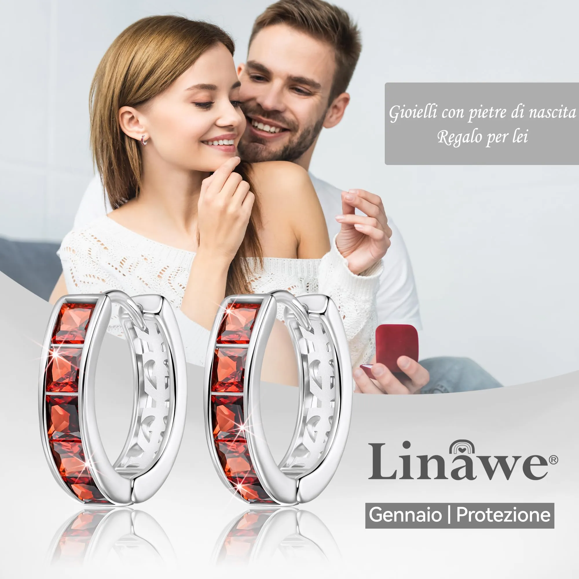 Linawe Orecchini a cerchio piccoli in oro bianco con zirconi rossi - immagine 5