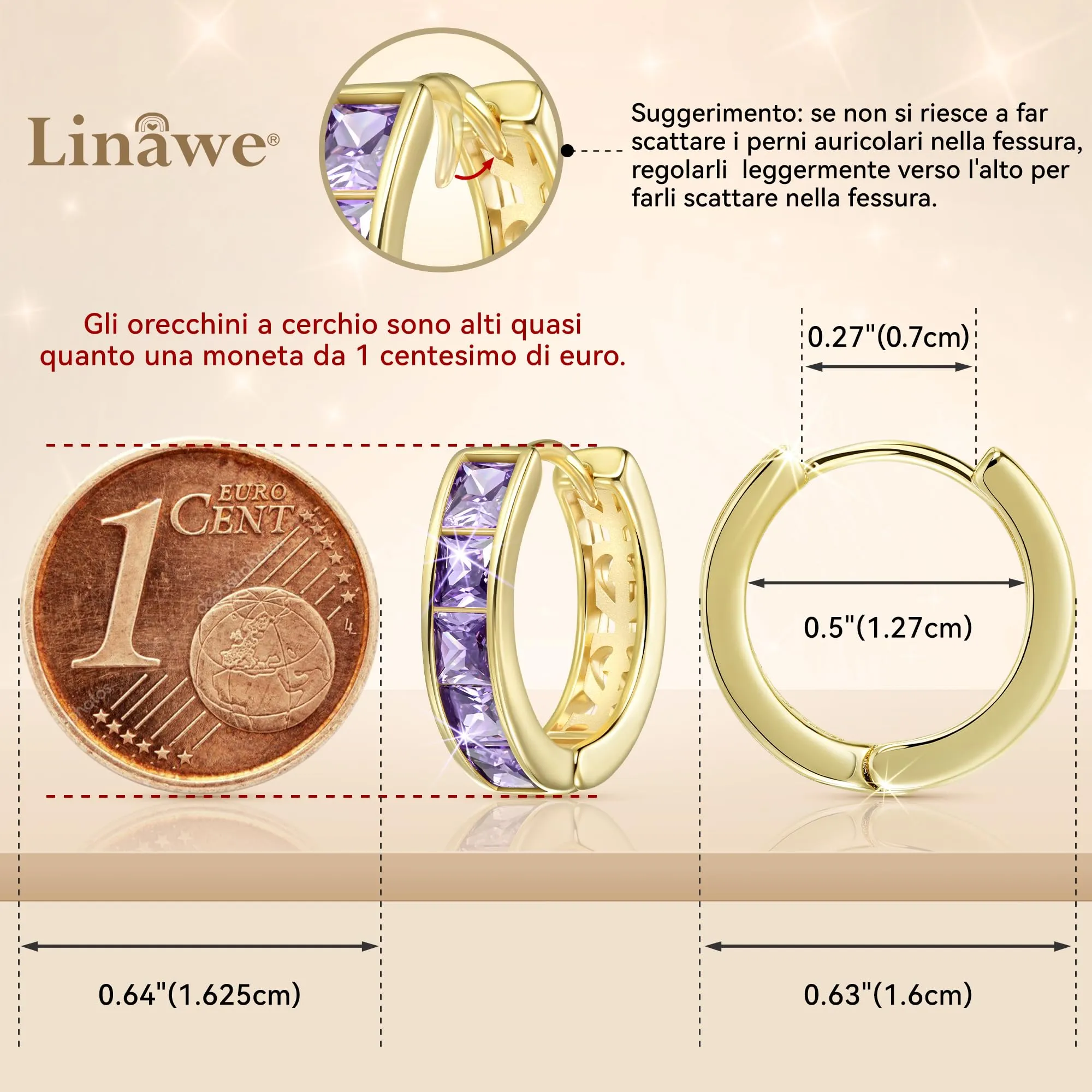 Linawe Orecchini a cerchio placcati in oro 14k con zirconia viola, ipoallergenici senza nichel - immagine 2