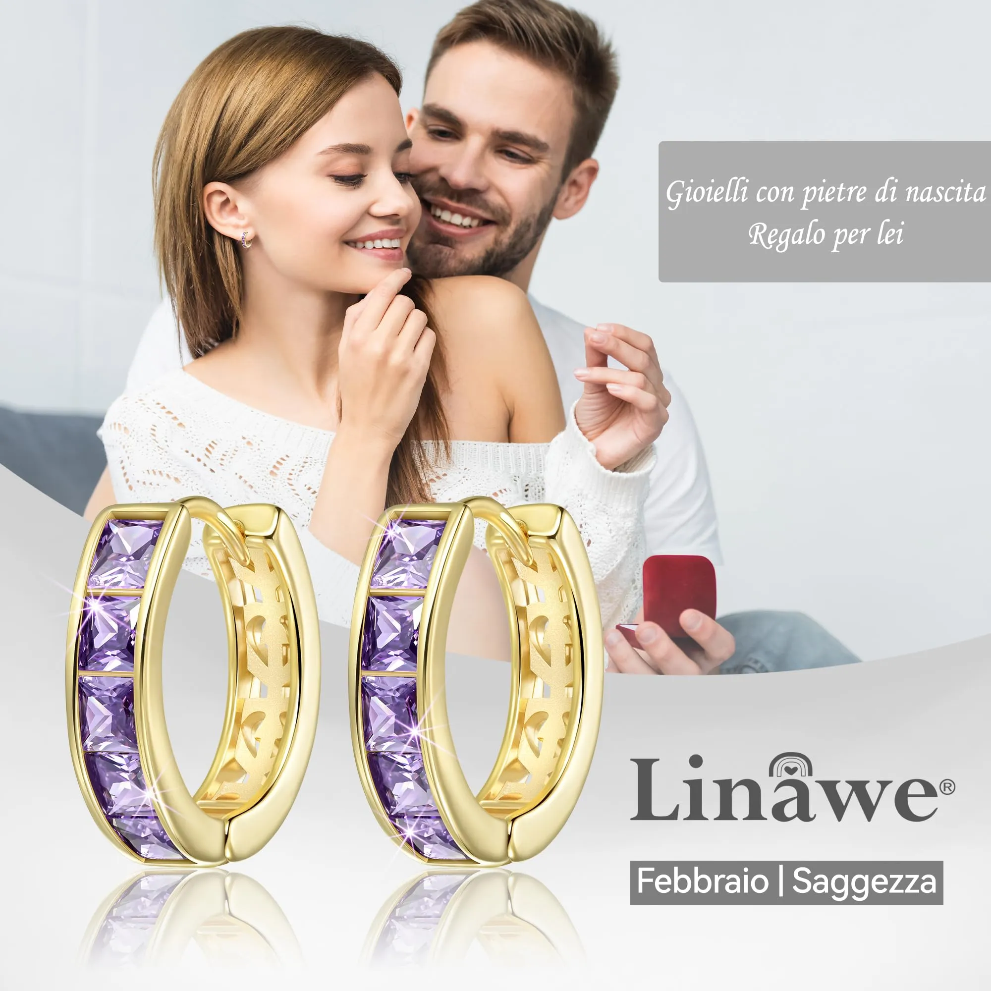 Linawe Orecchini a cerchio placcati in oro 14k con zirconia viola, ipoallergenici senza nichel - immagine 5