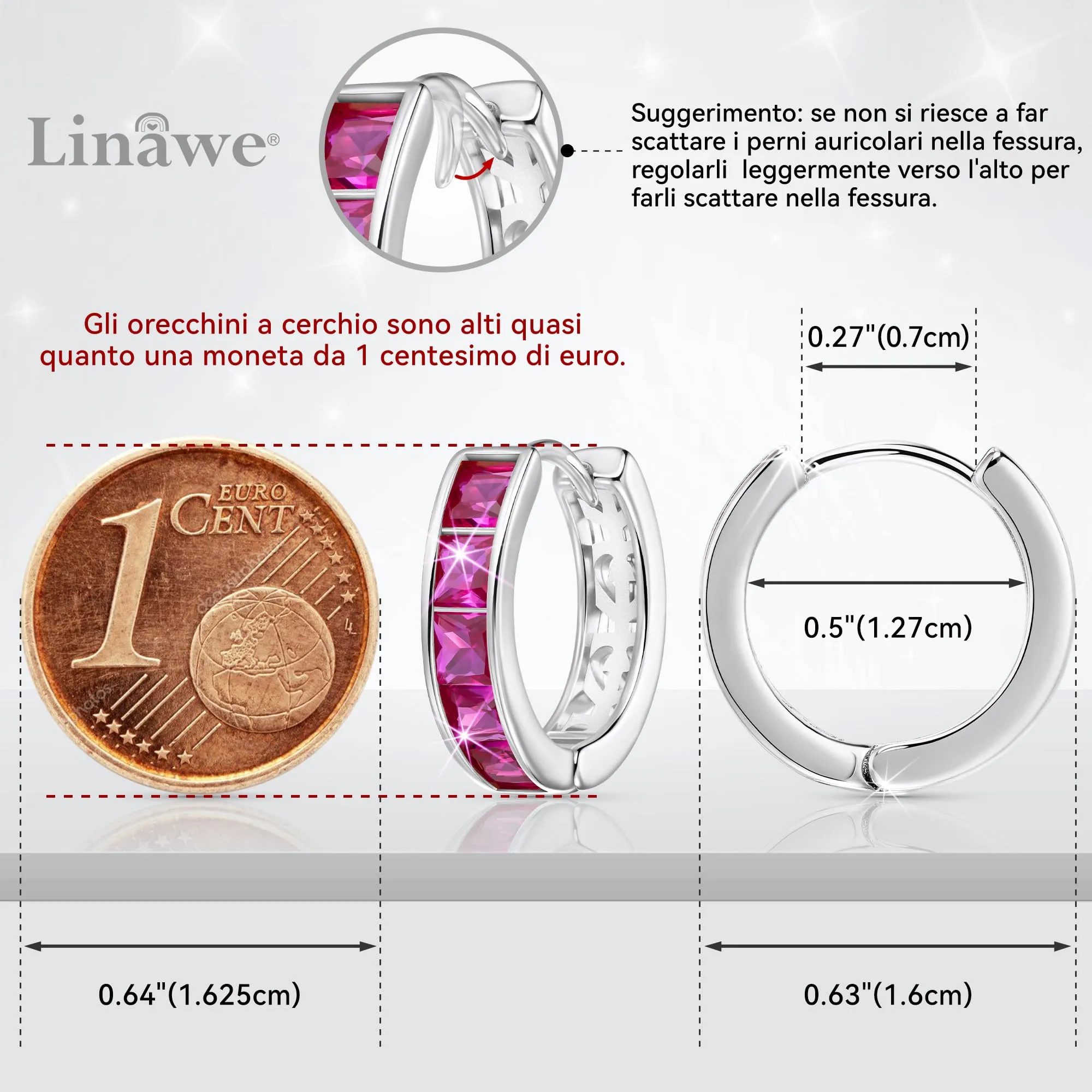 Linawe Orecchini a cerchio da donna in oro bianco con zirconia rosa - immagine 2