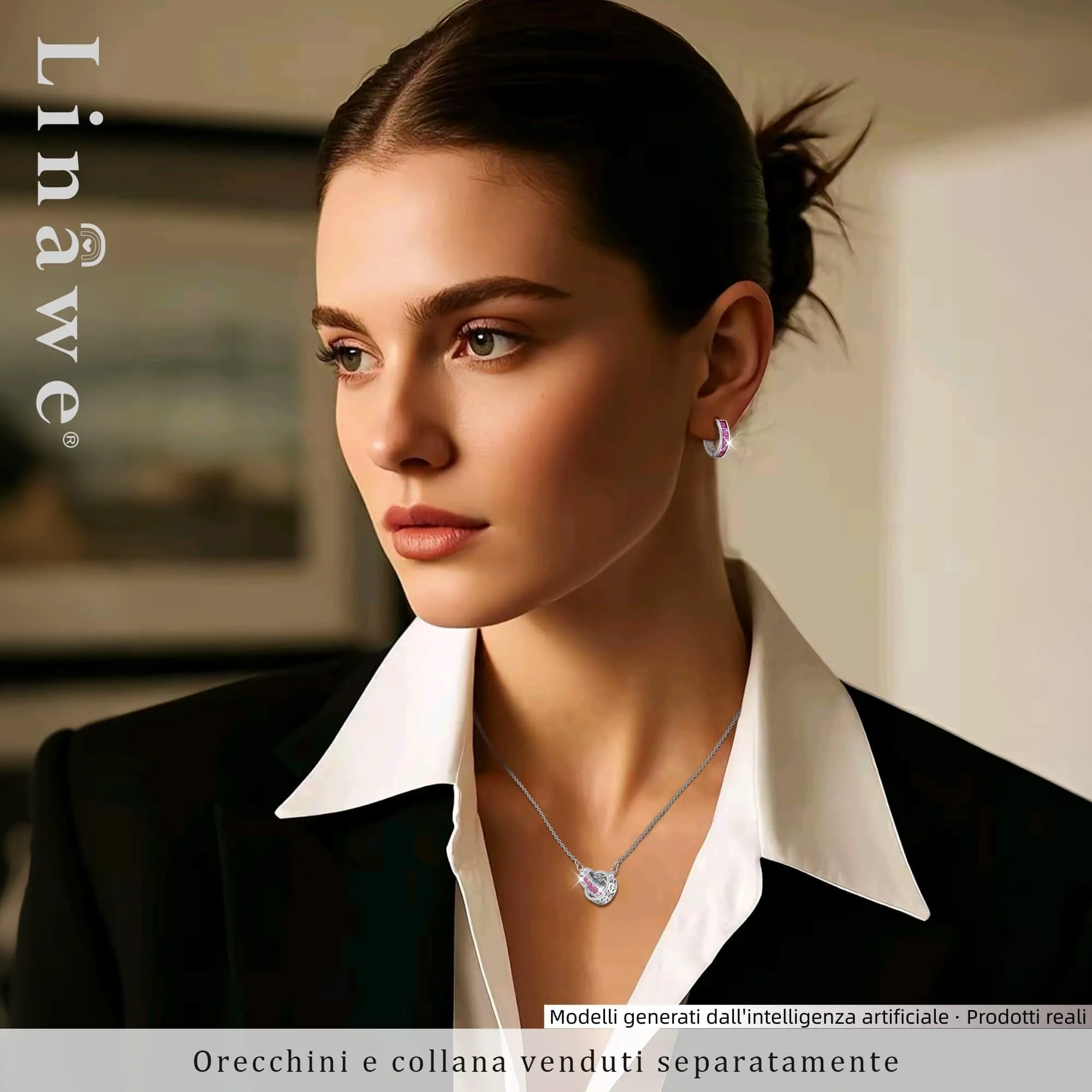 Linawe Orecchini a cerchio da donna in oro bianco con zirconia rosa - immagine 4