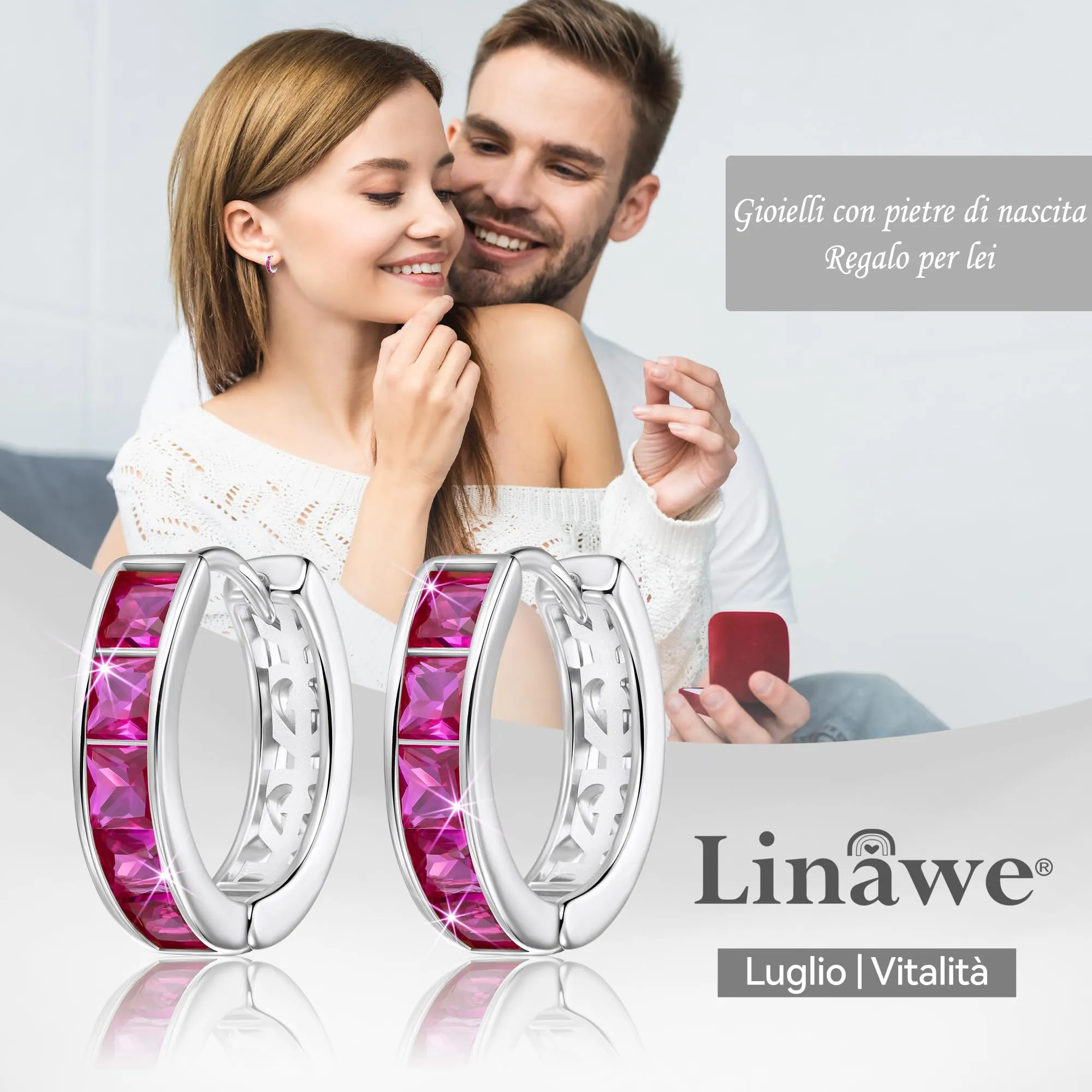 Linawe Orecchini a cerchio da donna in oro bianco con zirconia rosa - immagine 5