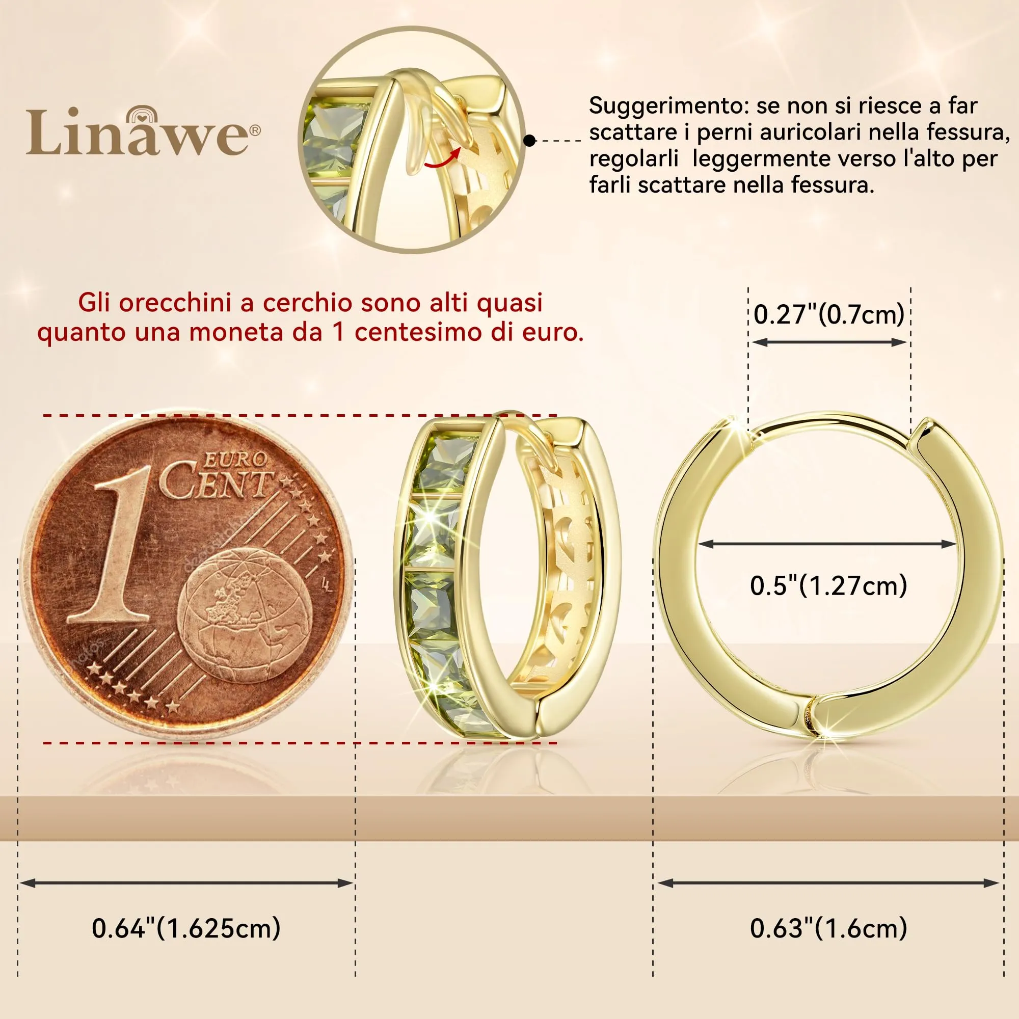 Linawe Orecchini a cerchio mini piercing elica con zirconia verde peridoto placcati in oro 14k - immagine 2