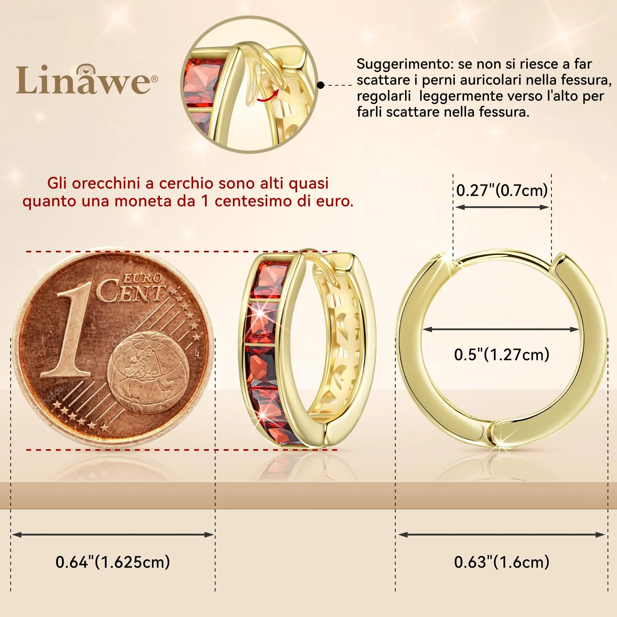 Linawe Orecchini a cerchio piccoli rossi in oro 14k con zirconi cubici - immagine 2