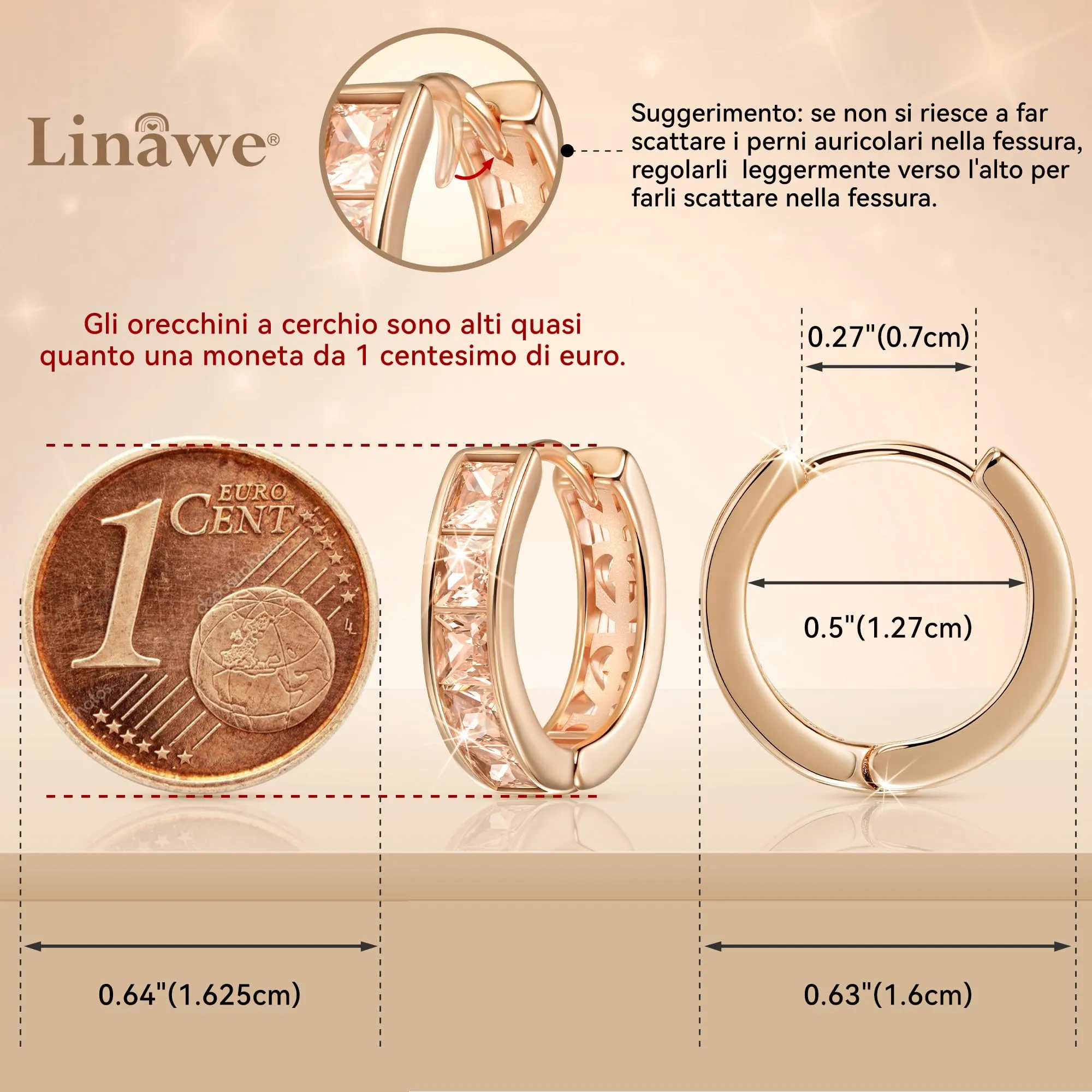Linawe Orecchini a cerchio piccoli in oro rosa con zirconia gialla - immagine 2