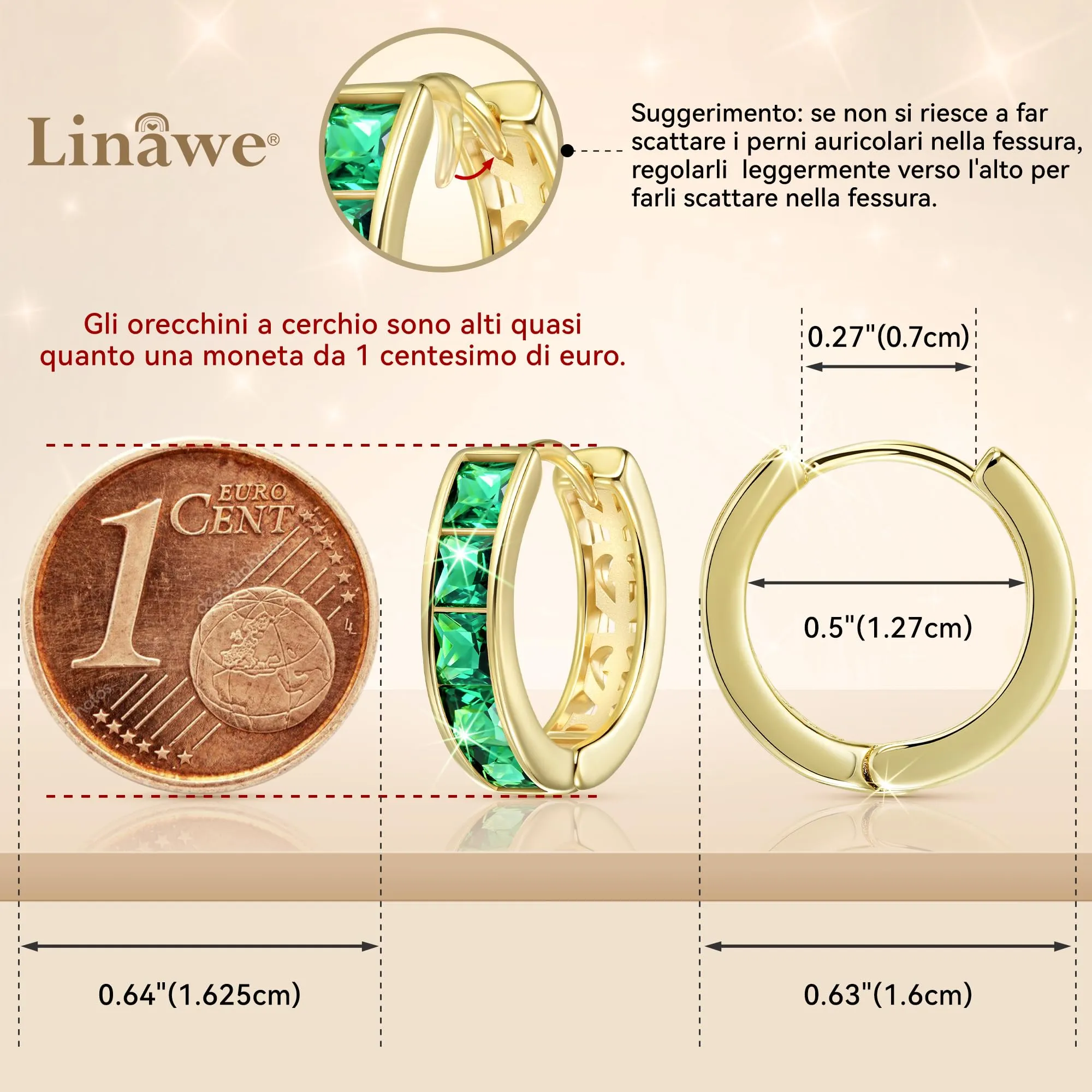 Linawe Orecchini a cerchio piccolo in oro verde, Helix Piercing Jewelry placcato in oro con zirconia cubica - immagine 2
