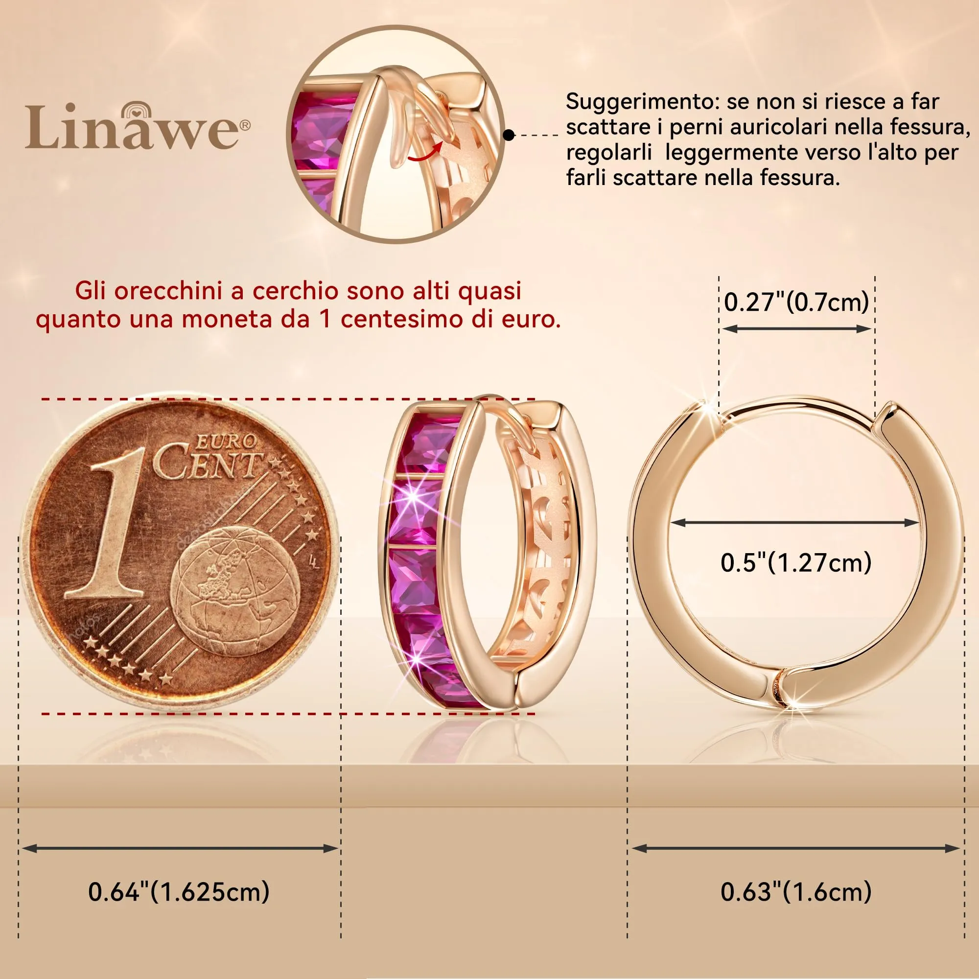 Linawe Orecchini a cerchio in oro rosa per Helix, mini anello con zirconia rosa, ipoallergenici senza nichel - immagine 2